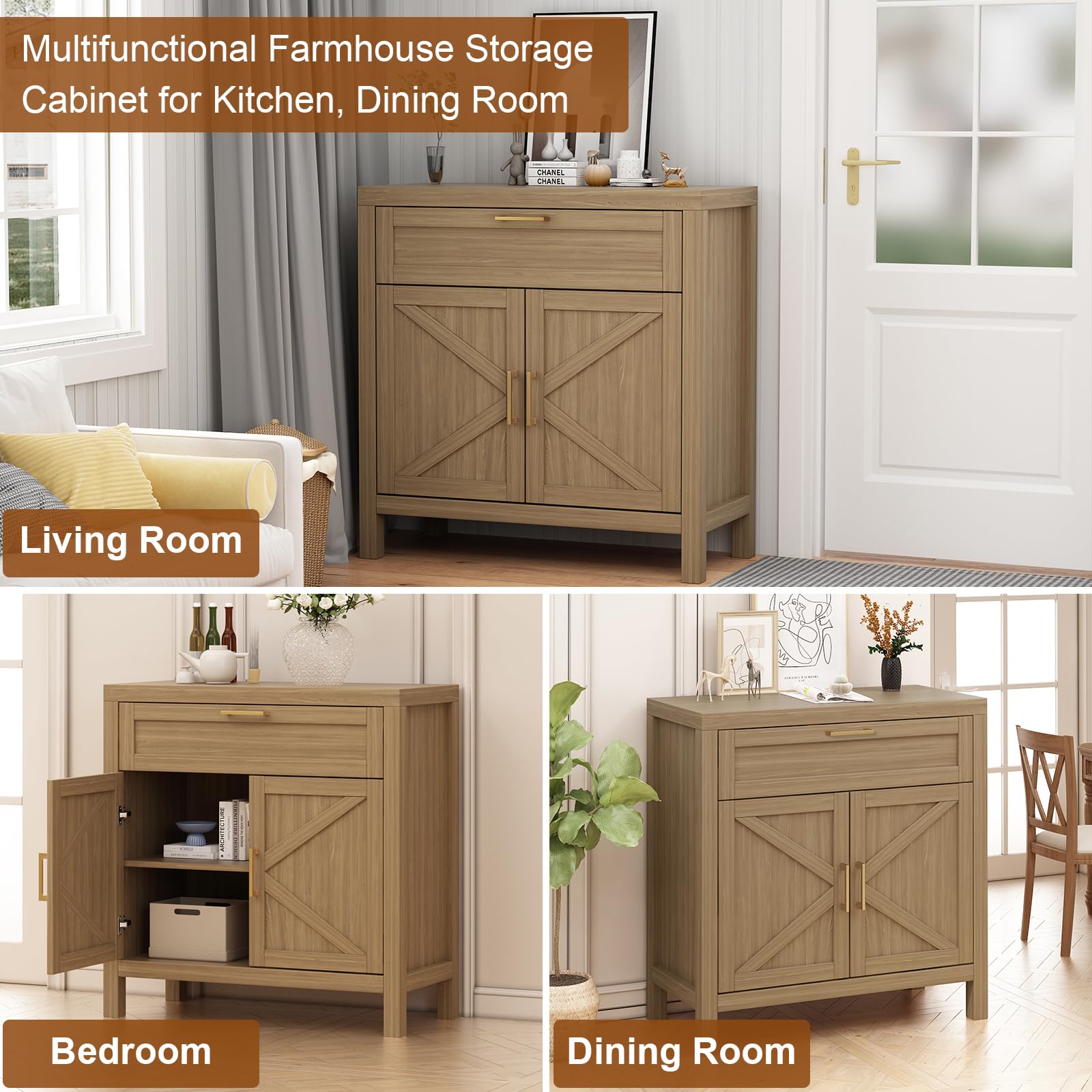 Credenza Garvee Buffet con contenitore, stile country moderno, 2 ante, ripiano regolabile, MDF P2, maniglie dorate, soggiorno, cucina, 87,9 cm di larghezza x 90 cm di altezza, color legno