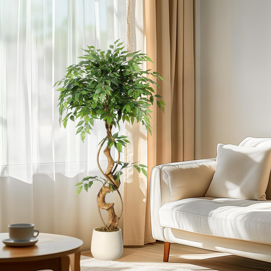 Albero di ficus artificiale Garvee da 4 piedi con tronco curvo, oltre 756 foglie di seta, vaso bianco, rami regolabili per la decorazione di casa e ufficio