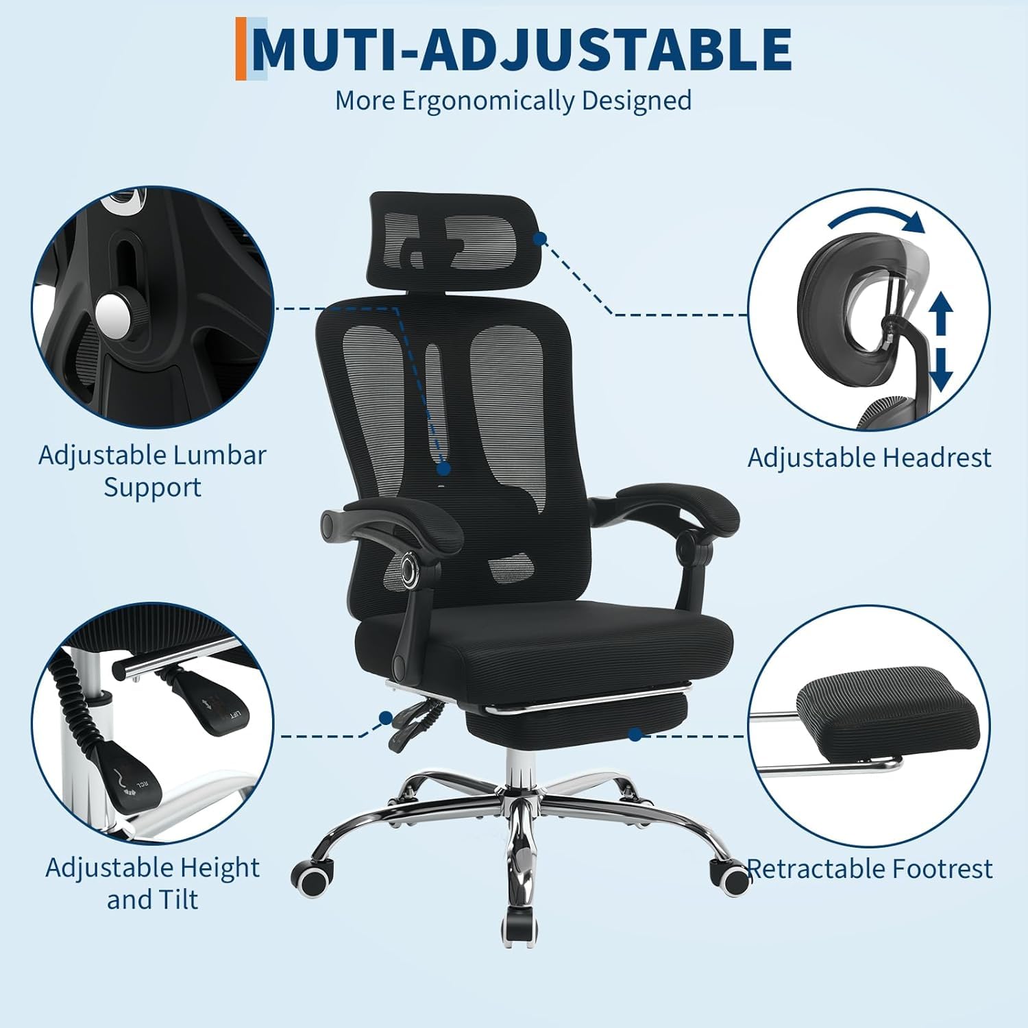 Sedia da ufficio ergonomica Garvee con poggiatesta regolabile, supporto lombare, poggiapiedi per ufficio domestico e gaming, altezza regolabile, rete traspirante, nero