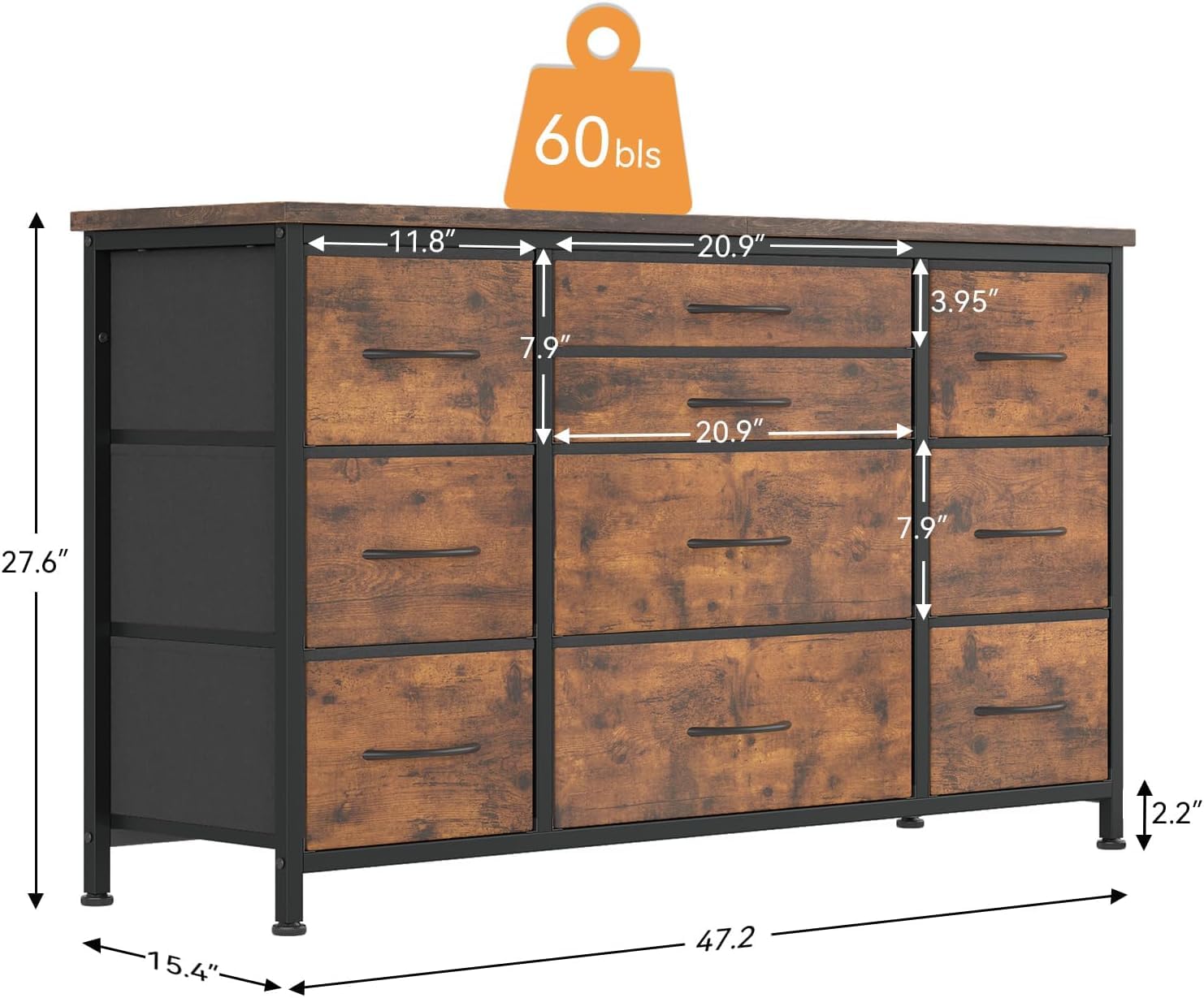 Cassettiera GARVEE con cassetti, con presa di corrente, 10 cassetti, cassettiera multifunzionale per camera da letto e soggiorno - Credenza robusta e durevole, 120*40*70 cm