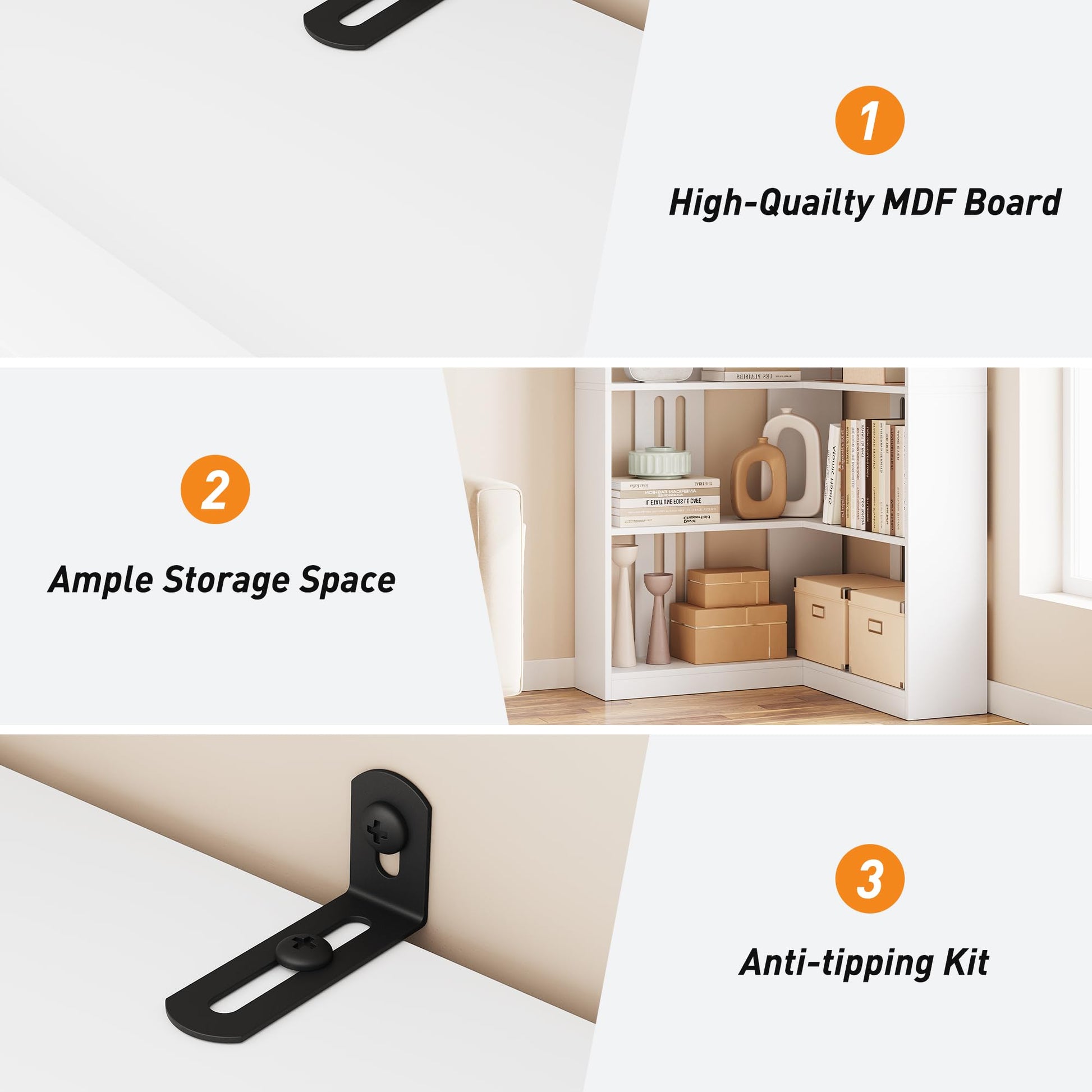 Libreria angolare Garvee da 72,8 pollici in legno rustico a 5 ripiani a forma di L, bianca per soggiorno, camera da letto, salvaspazio, robusta