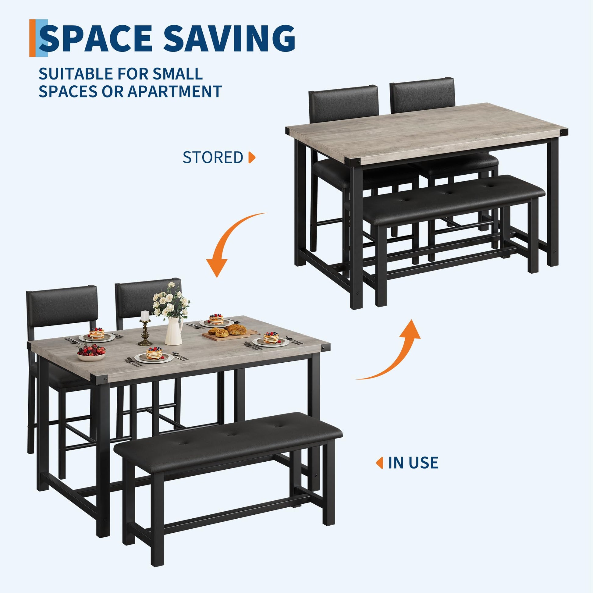 Set da pranzo Garvee per 4 persone con tavolo, seduta imbottite e panca, legno MDF, robusto, salvaspazio, facile da pulire, piccoli appartamenti