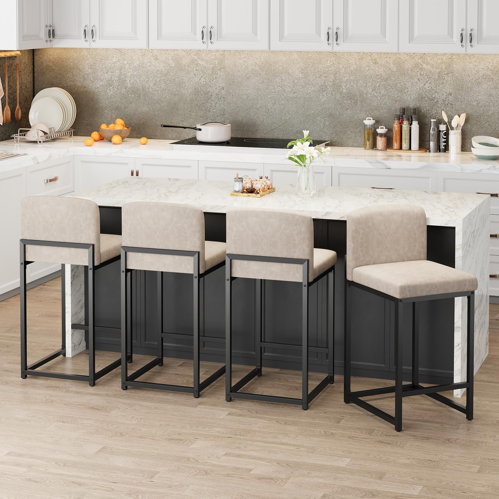 Set di 2 sgabelli da bar Garvee moderni con schienale e poggiapiedi, altezza regolabile, beige, isola cucina e sala da pranzo