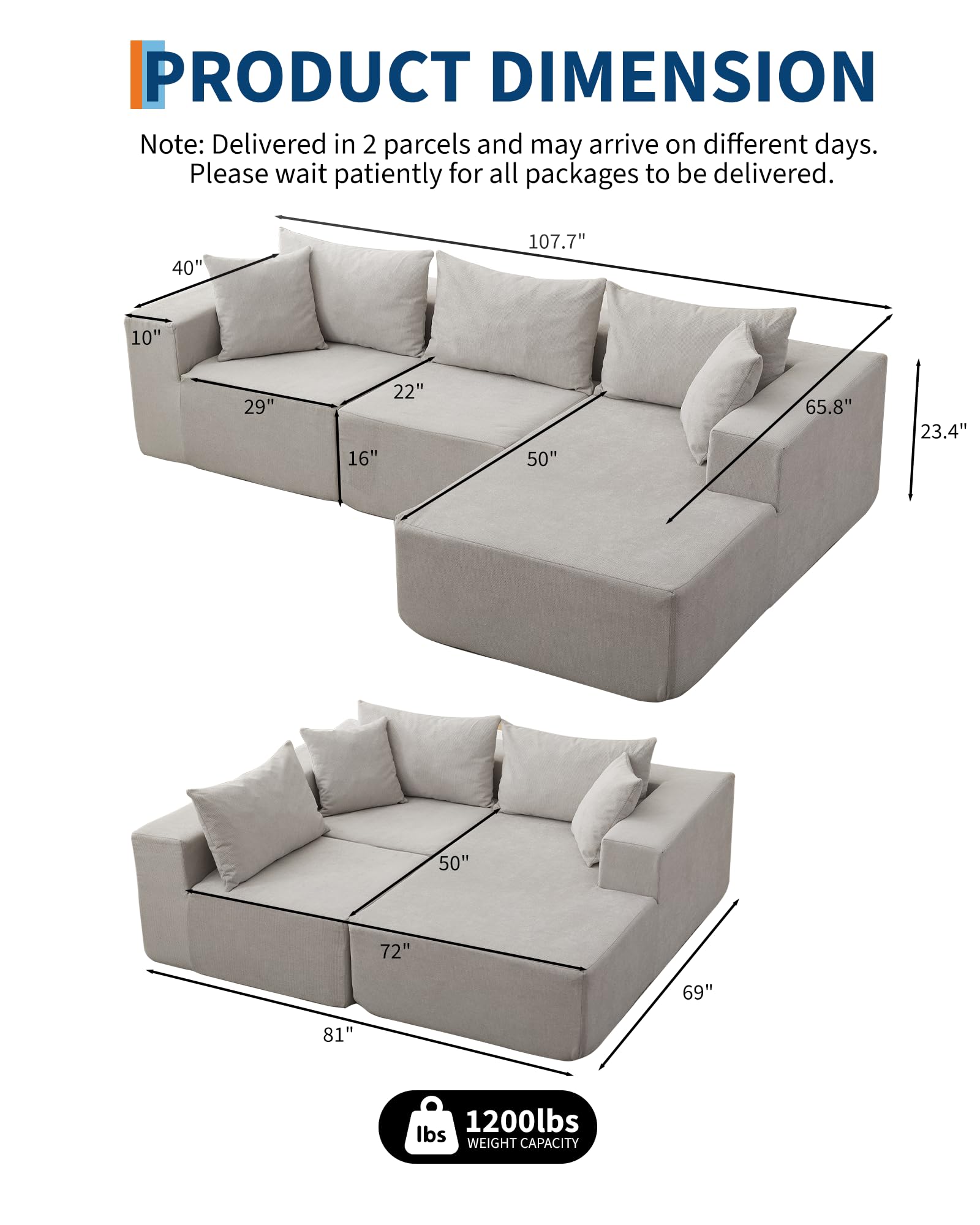 Divano componibile modulare Garvee da 108" con chaise longue a forma di L, tessuto polimerico Boneless Comfort, versatile per il soggiorno