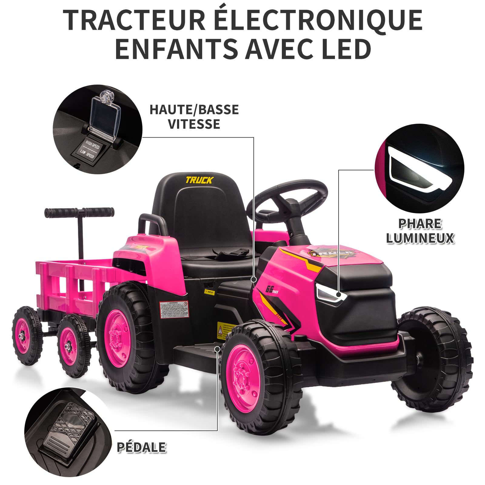 Trattore per bambini Garvee Kids Tractor 12V Twin Motor – Rosa moderno con doppio motore, telecomando per genitori e musica per bambine dai 3 anni in su, da usare nel parco giochi o in giardino.