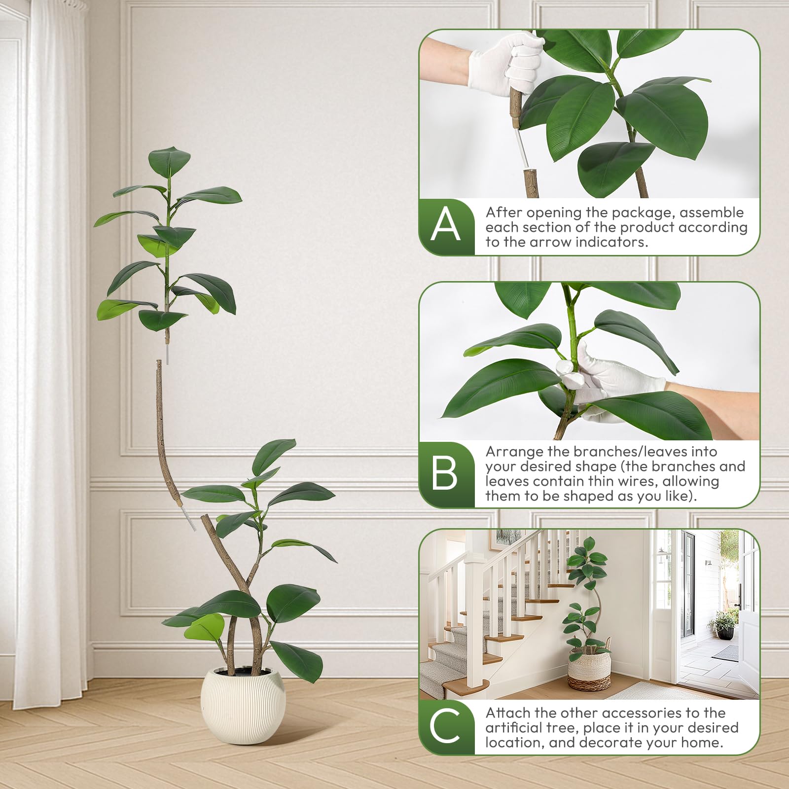 Albero di gomma artificiale Garvee da 5 piedi con vaso in resina bianca, resistente ai raggi UV, adatto a soggetti allergici, decorazione per interni e ufficio, marrone-bianco, realistico