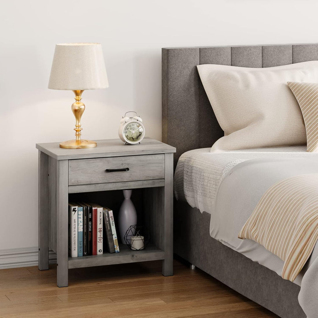 Comodino quadrato Garvee con contenitore, grigio legno, per camera da letto e soggiorno, funzionalità moderna