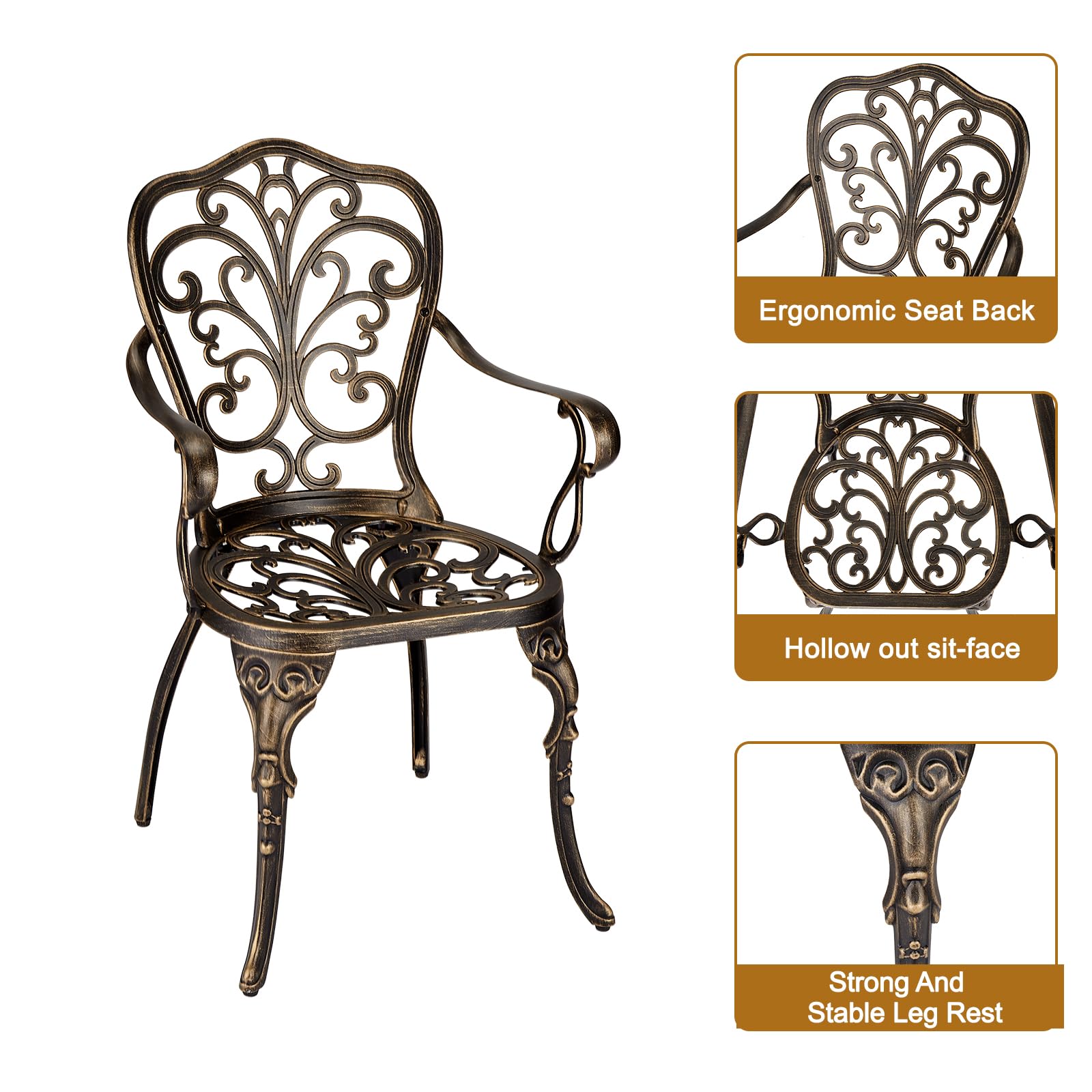 Set da esterno Garvee da 3 pezzi in alluminio pressofuso con foro per ombrellone per giardino, balcone, terrazza, finitura in ottone retrò, robusto ed elegante