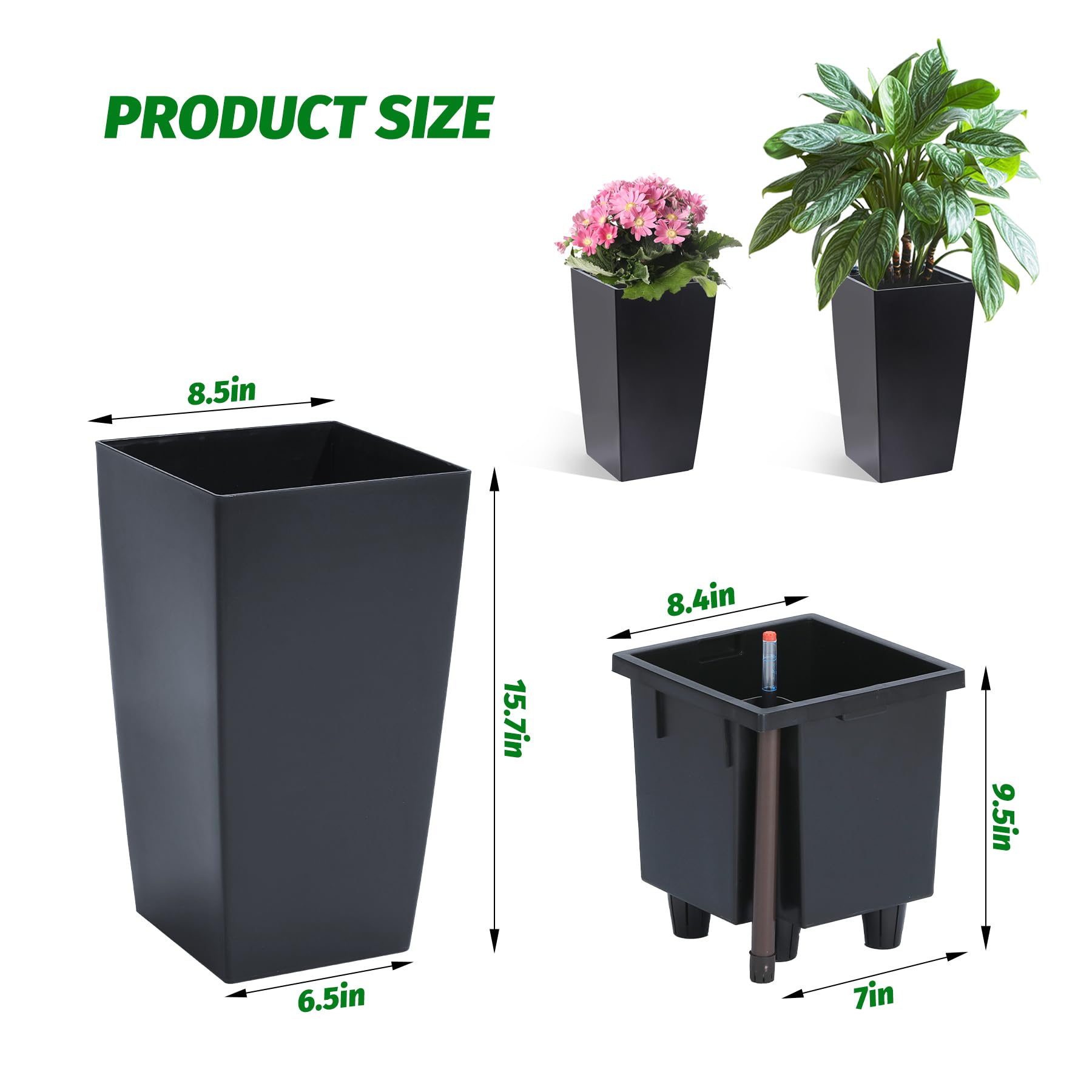 Garvee Set di 2 fioriere alte 16" con irrigazione automatica e indicatore del livello dell'acqua per giardino e patio, nere, resistenti alle intemperie, in plastica