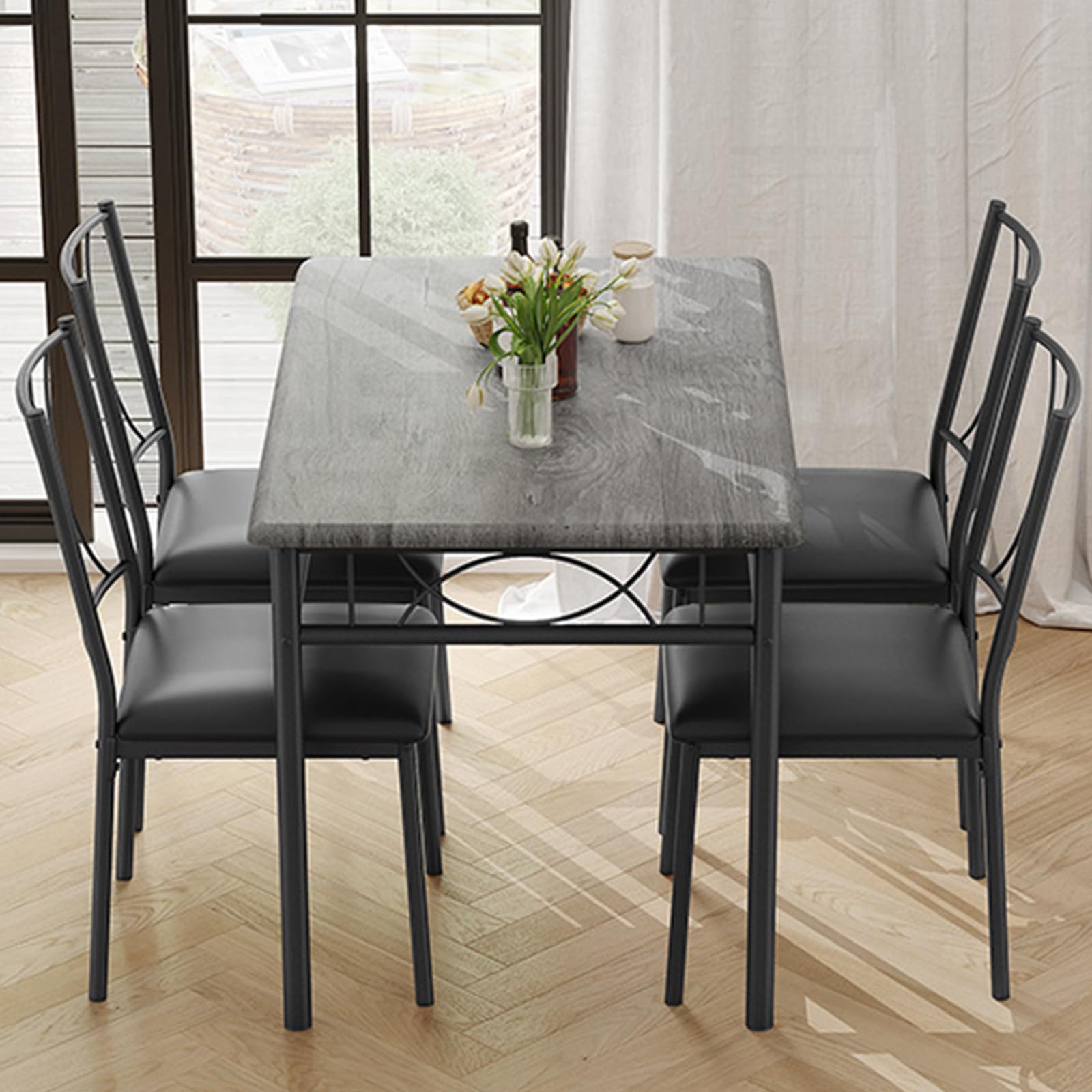 Set da pranzo Garvee per 4 persone con sedie imbottite, legno, design retrò, pannello MDF, struttura in metallo, salvaspazio, piccoli appartamenti, nero rustico