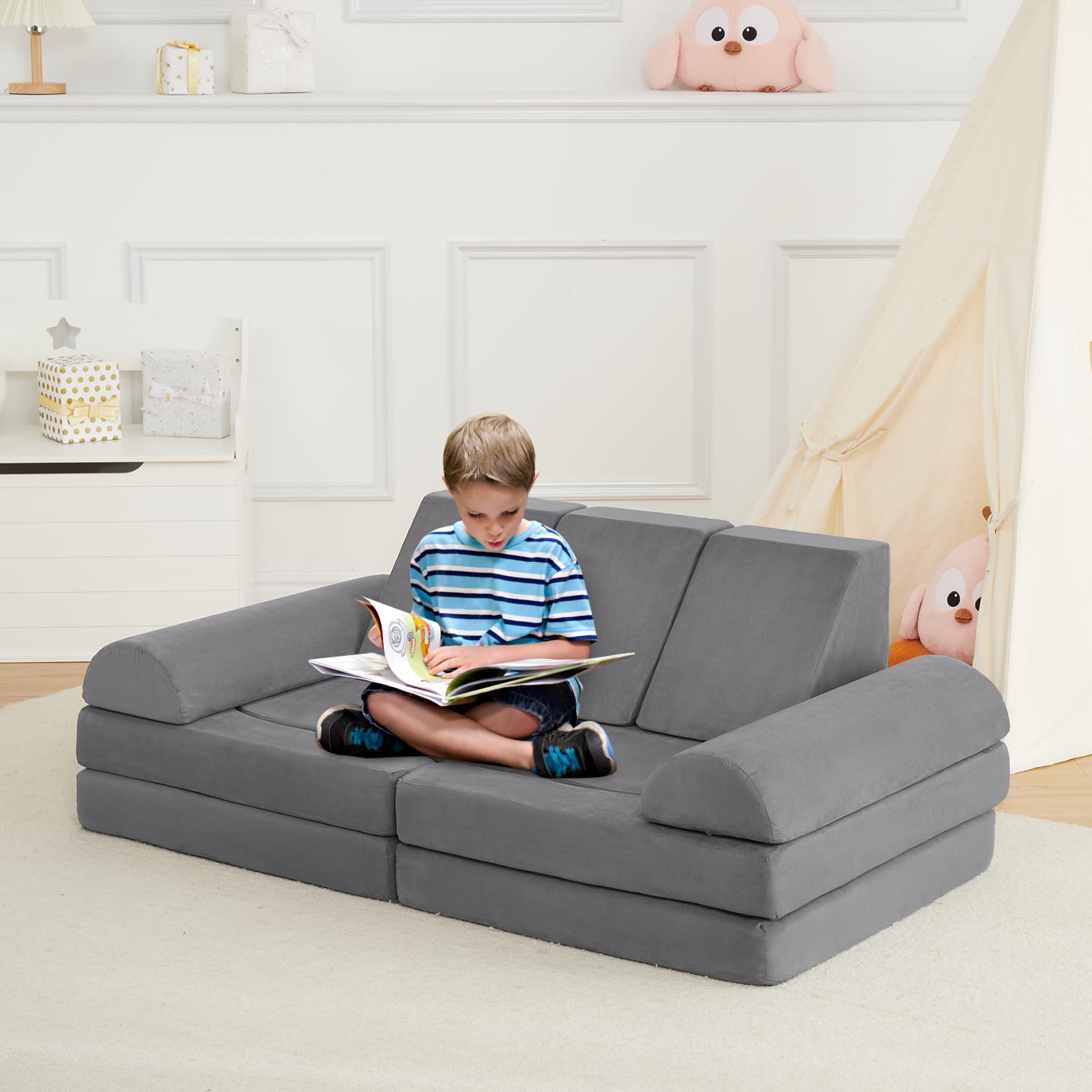 Divano modulare per bambini Garvee 10 pezzi, divano trasformabile in schiuma, microsuede di lusso, grigio scuro, gioco creativo nella cameretta dei bambini