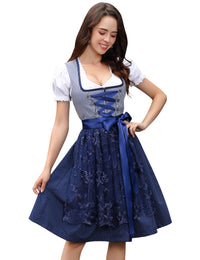 Garvee Dirndl da donna, set di abiti tradizionali midi da 3 pezzi con grembiule e camicetta per l'Oktoberfest e il Carnevale, blu scuro, taglie 34-48