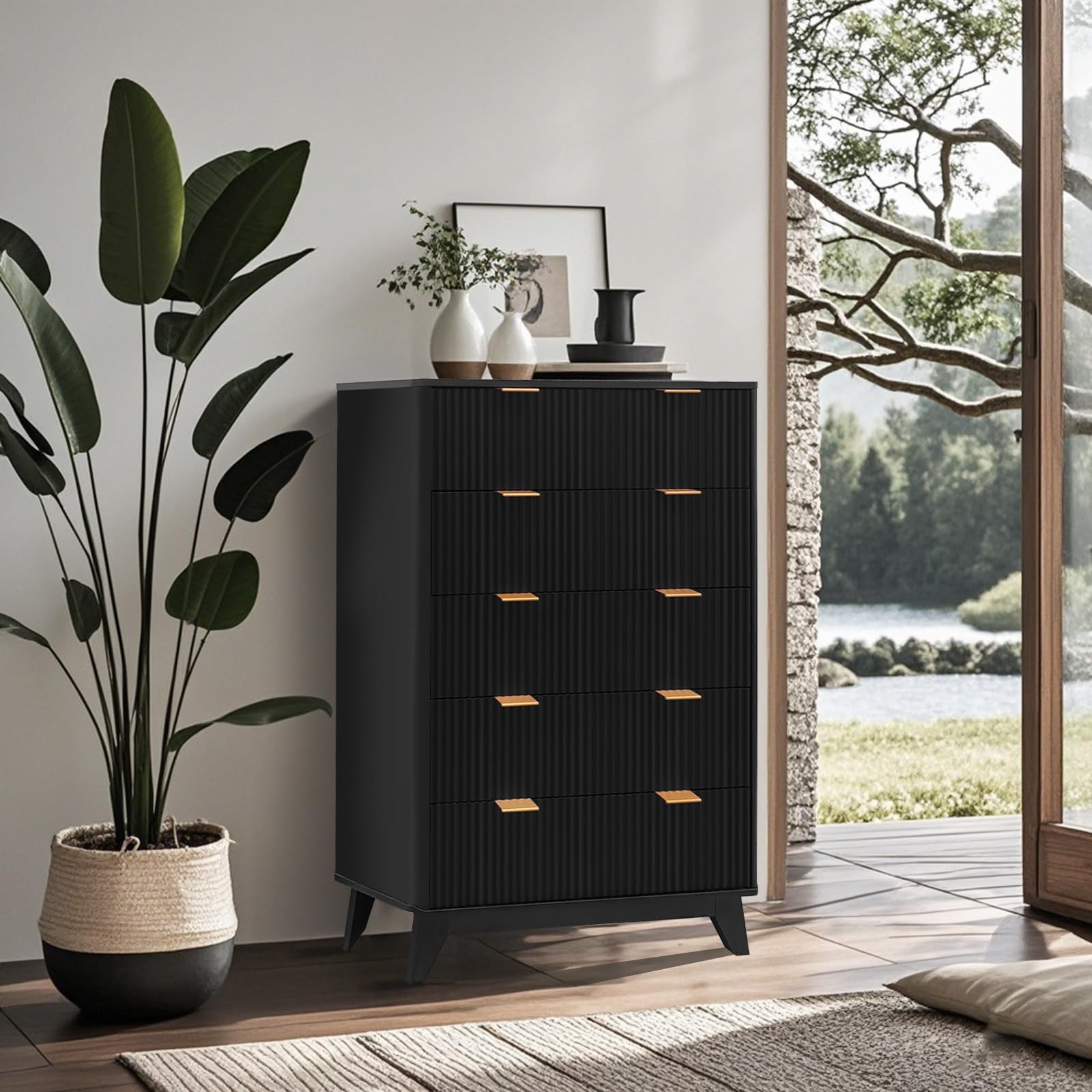 Cassettiera alta in legno Garvee, 5 cassetti, design scanalato, MDF moderno, robusta, per soggiorno, camera da letto, cameretta dei bambini, bianca