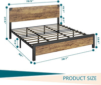 Struttura letto matrimoniale Garvee con testiera in legno, gambe in metallo, spazio di archiviazione, marrone rustico, camera da letto