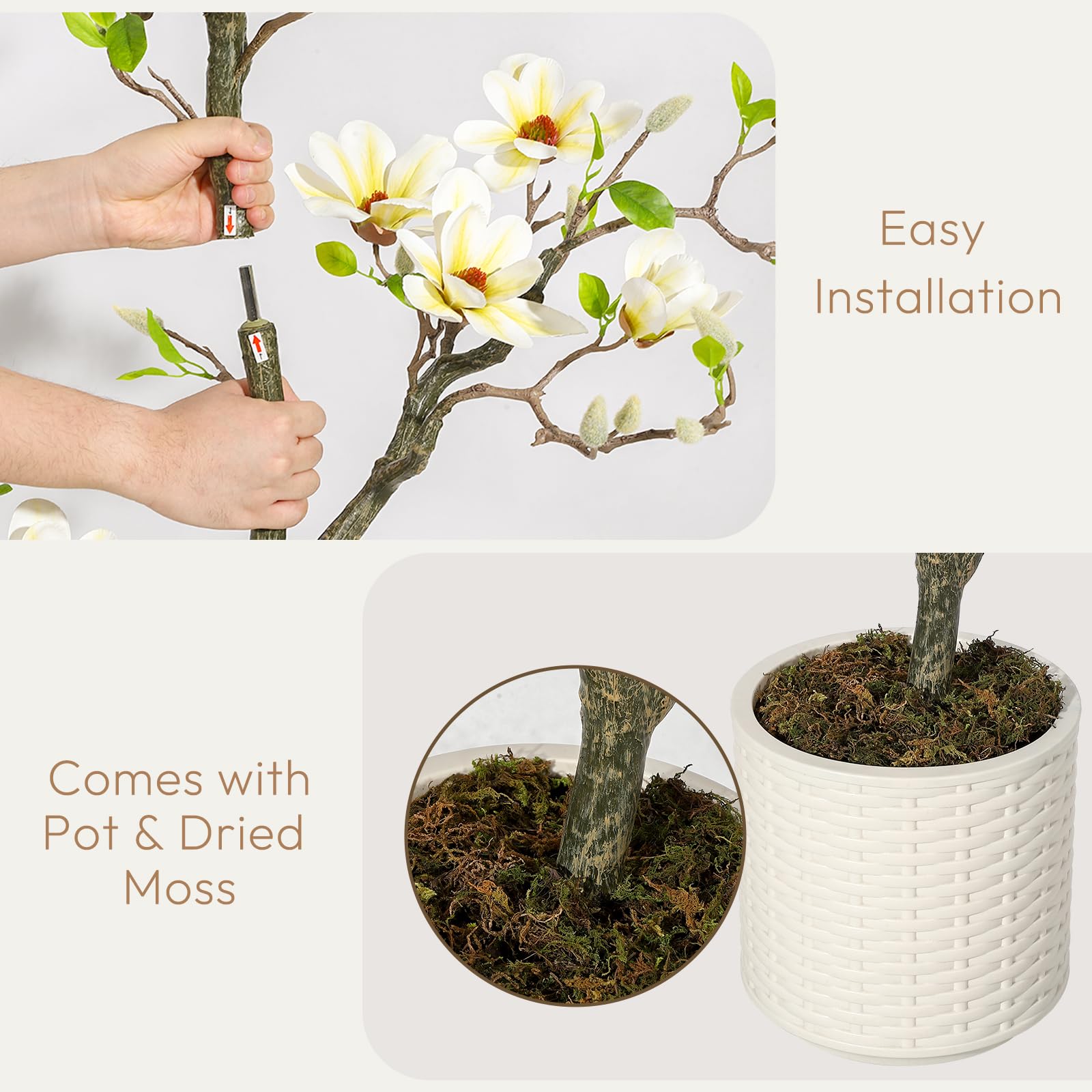 Albero di magnolia artificiale Garvee, 4 piedi, bianco, con rami regolabili, per uso interno ed esterno, ufficio e casa, materiale di alta qualità, base stabile