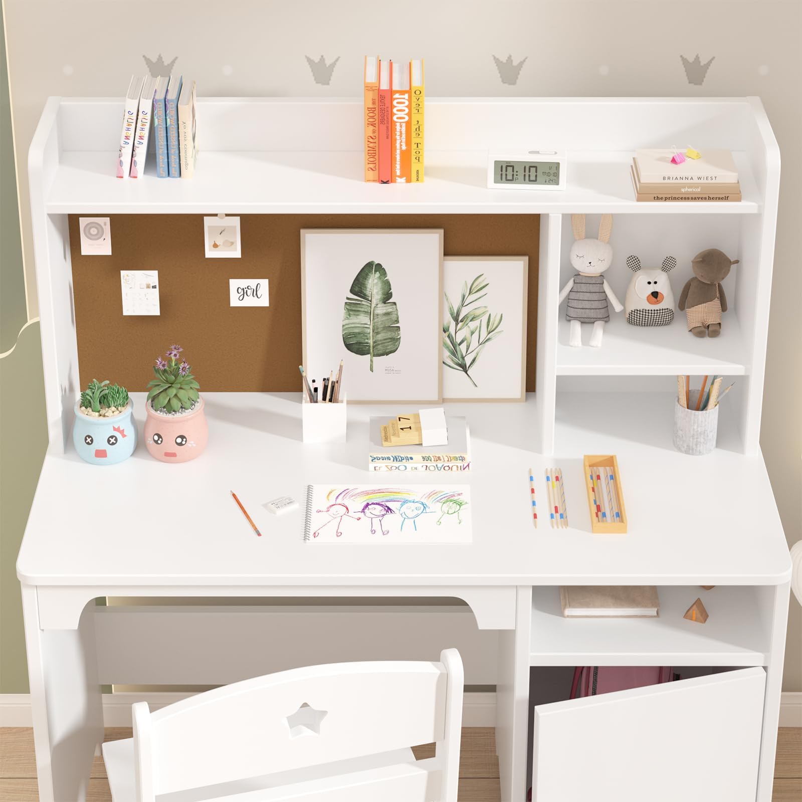 Set da scrivania per bambini Garvee, in legno, bianco, con ripiano e spazio di archiviazione, sedia ergonomica per imparare e giocare