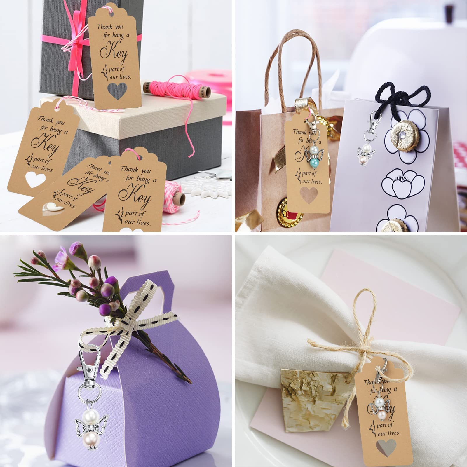 Portachiavi a forma di angelo Garvee da 20 pezzi con sacchetti in organza e biglietti di ringraziamento per battesimi, baby shower, matrimoni, regali per feste, argento