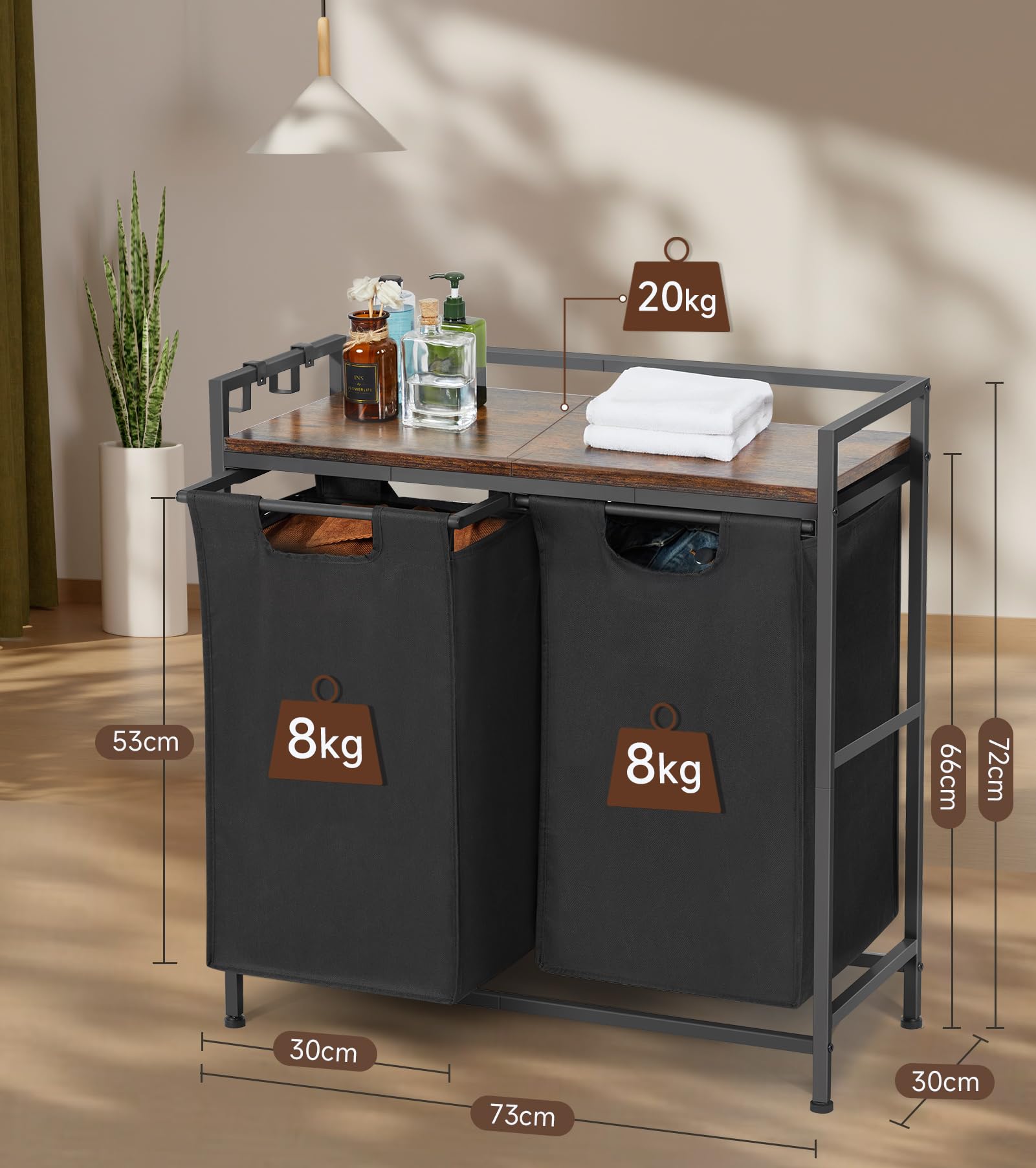 Garvee Cesto portabiancheria con 2 scomparti, sacchetti rimovibili, struttura in metallo, per bagno e camera da letto, 73x30x74 cm, nero