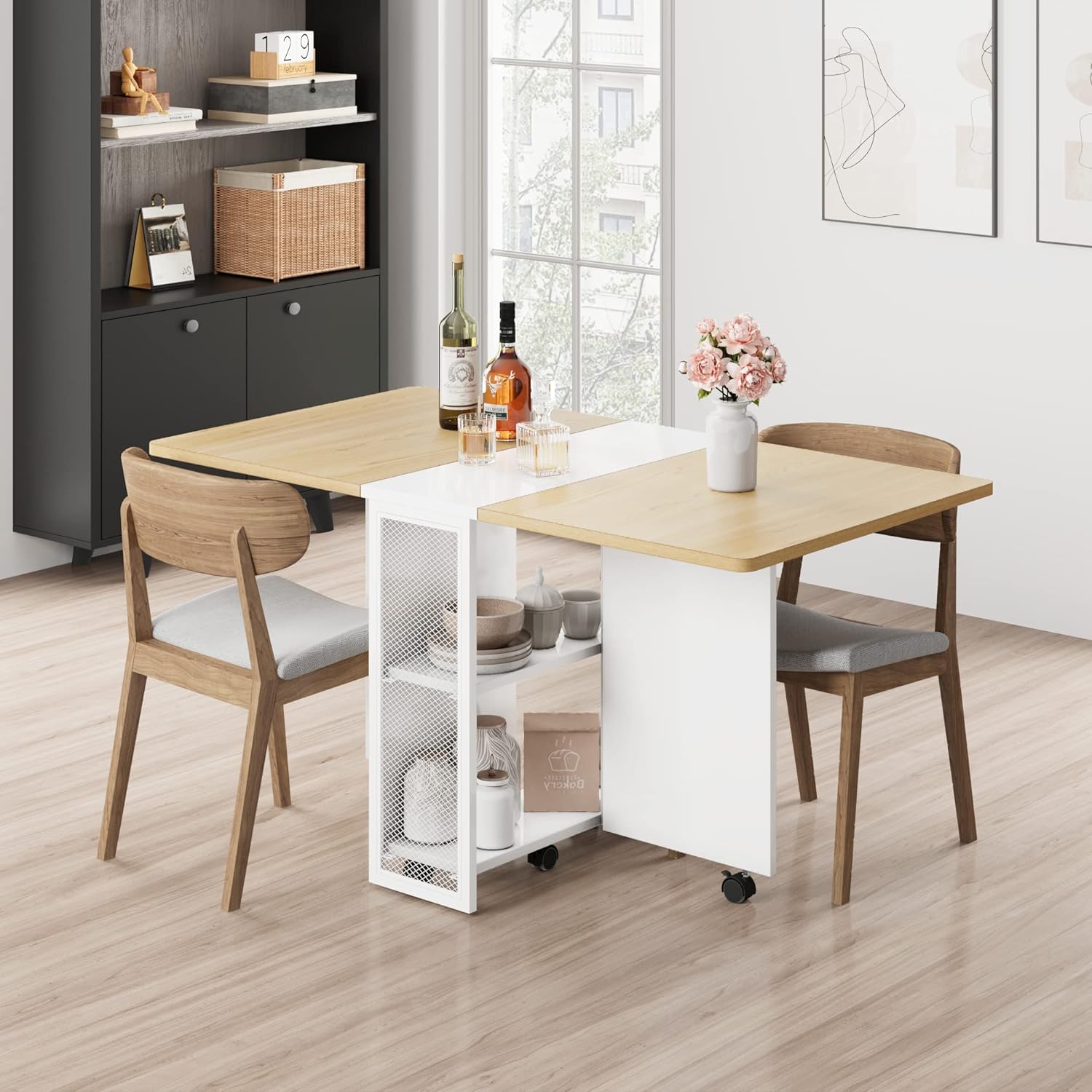 Tavolo da pranzo pieghevole Garvee in stile rustico, allungabile, in legno di pero, per piccoli spazi, con ripiano a 2 livelli e 6 file
