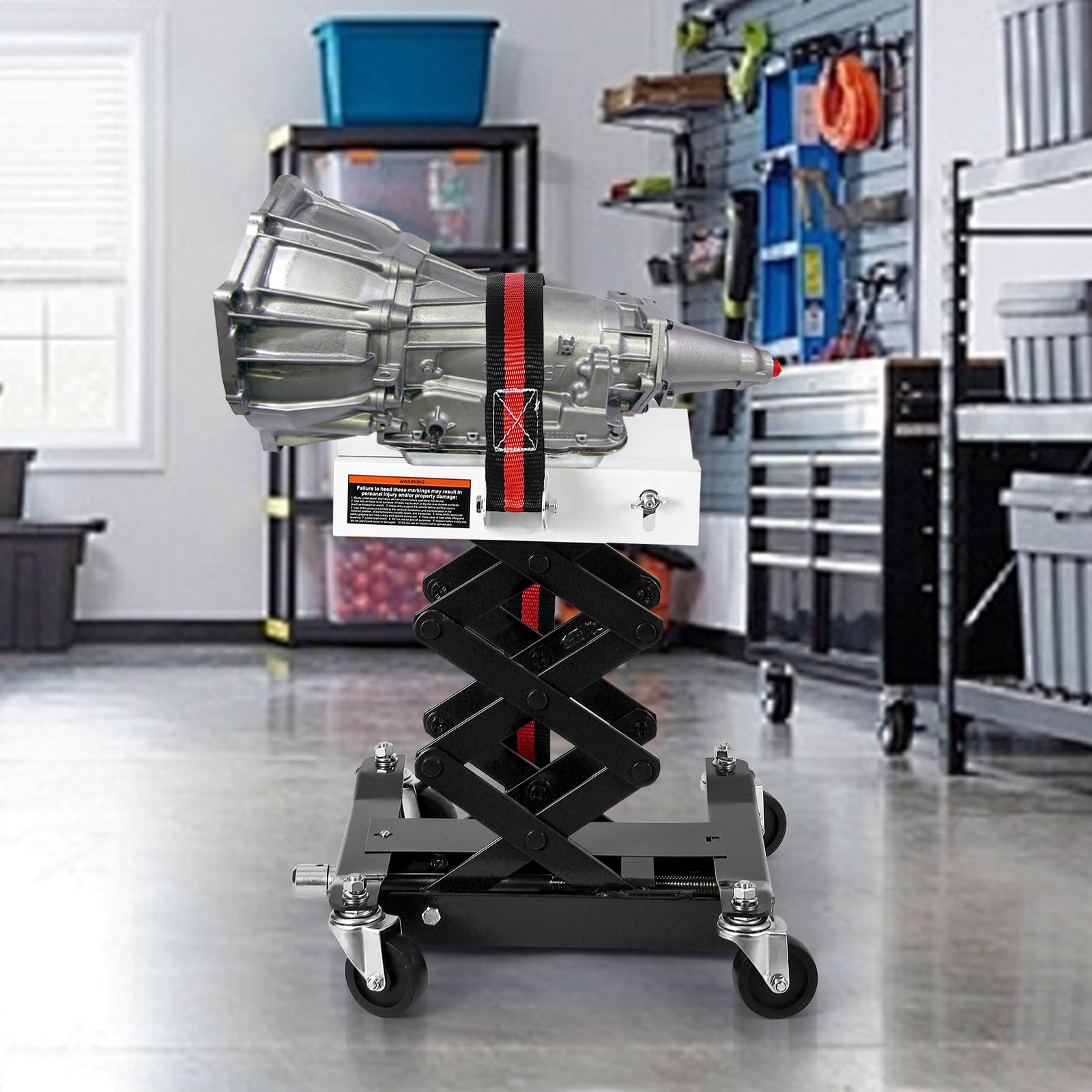 Cric per trasmissione Garvee per impieghi gravosi, capacità di carico di 450 libbre, altezza regolabile, acciaio, blocco di sicurezza, base larga, per officina e garage, nero