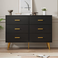Cassettiera moderna Garvee a 6 cassetti con contenitore, in legno MDF, maniglie dorate per camera da letto e soggiorno, nera, versatile