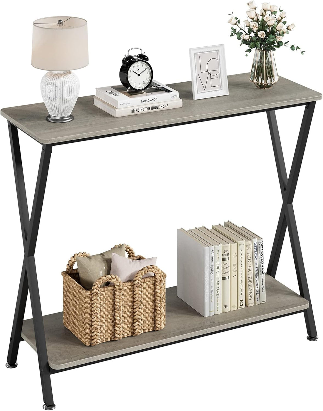 Tavolo consolle stretto Garvee, 2 ripiani, stile industriale, legno MDF e metallo, per soggiorno e corridoio, 84,5 cm di lunghezza x 30 cm di larghezza x 80 cm di altezza, nero
