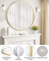 Specchio da bagno rotondo dorato Garvee da 24 pollici con vetro HD opaco e cornice in metallo, anti-distorsione, per il soggiorno
