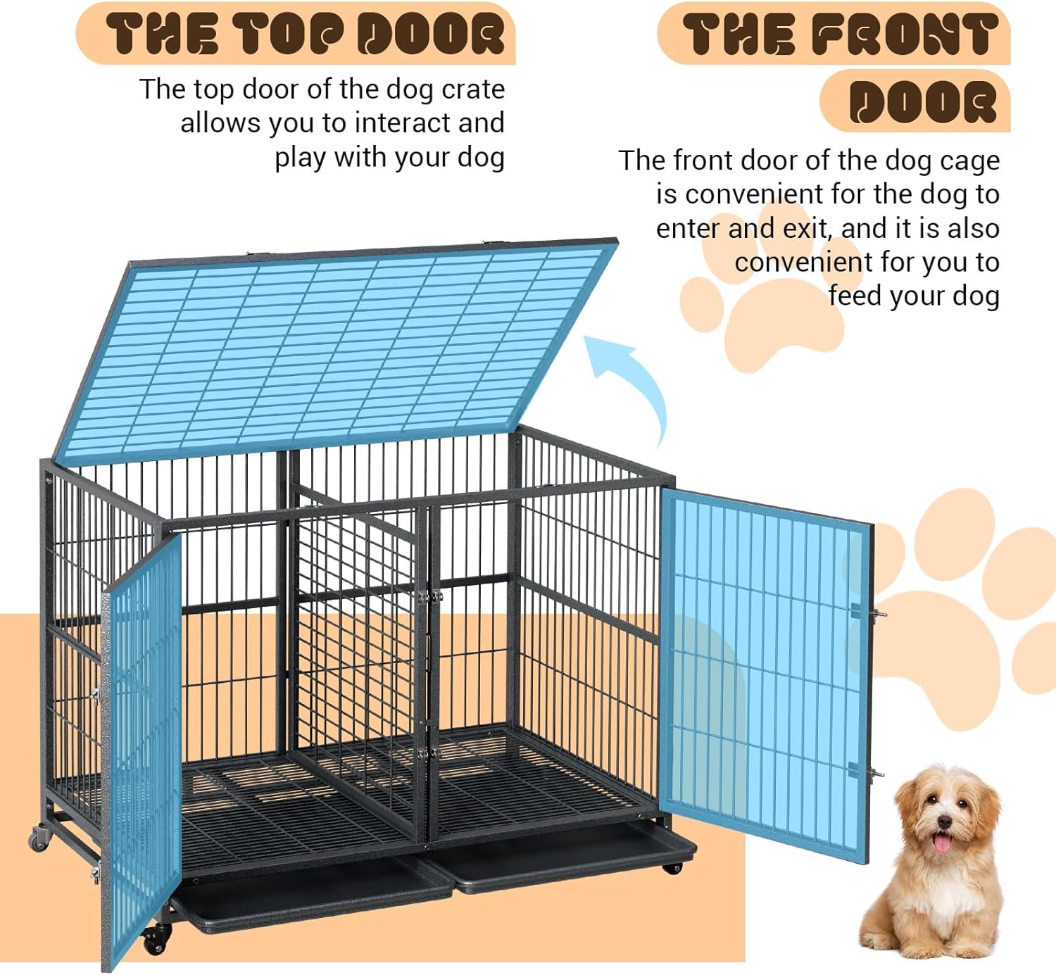 Garvee Trasportino per cani da 48 pollici con ruote, divisorio, robuste serrature, metallo, vassoio rimovibile per cani di piccola e grande taglia, per interni ed esterni, versatile, nero