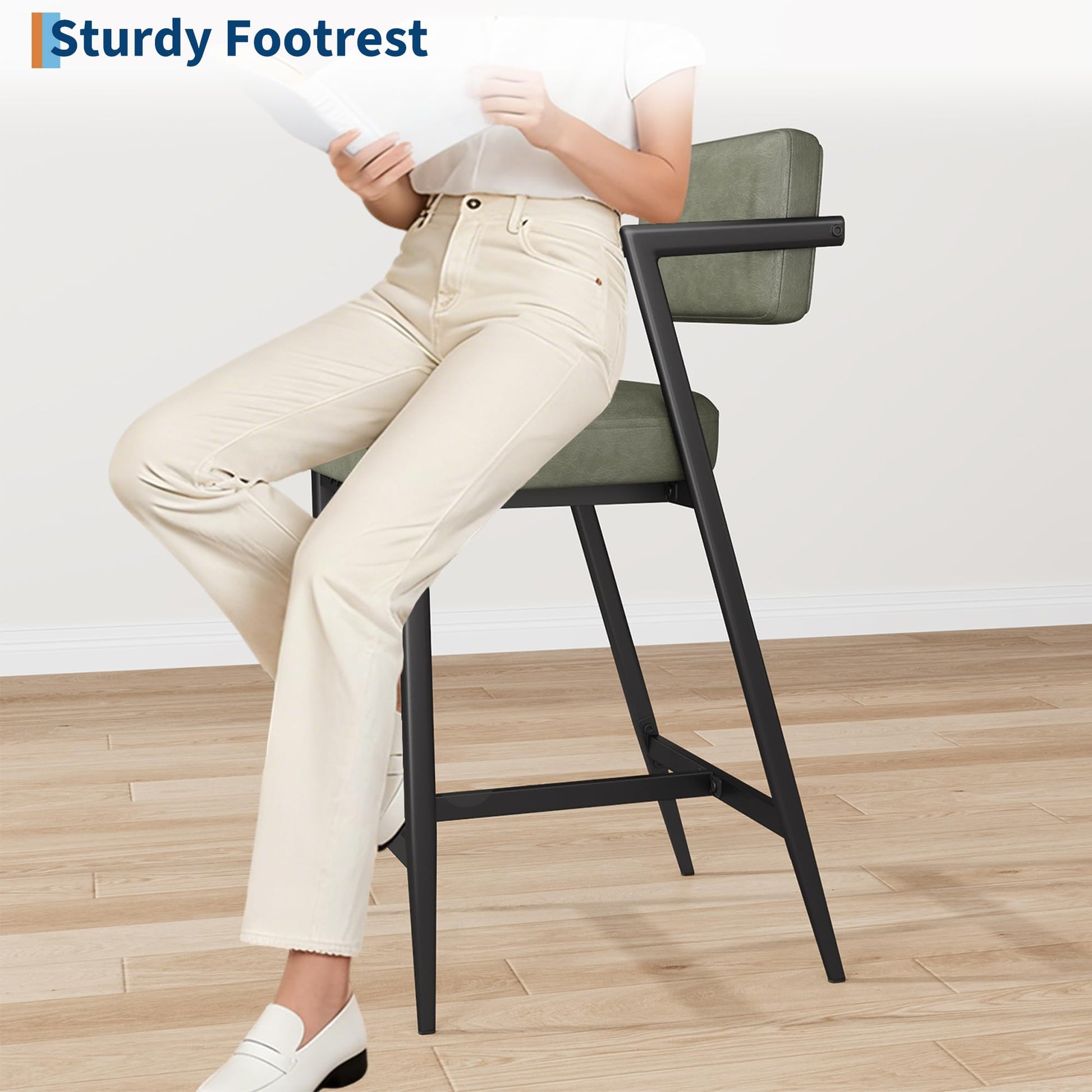 Set di 2 sgabelli da bar Garvee, seduta imbottita, struttura in metallo, schienale, poggiapiedi, verde retrò, per cucina e bancone da bar, 26,8 pollici