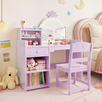 Tavolo da toeletta Garvee Kids con specchio a LED, set da toeletta 2 in 1 per principesse, in legno, con mensola e design sicuro per la cameretta delle bambine, bianco, compatto
