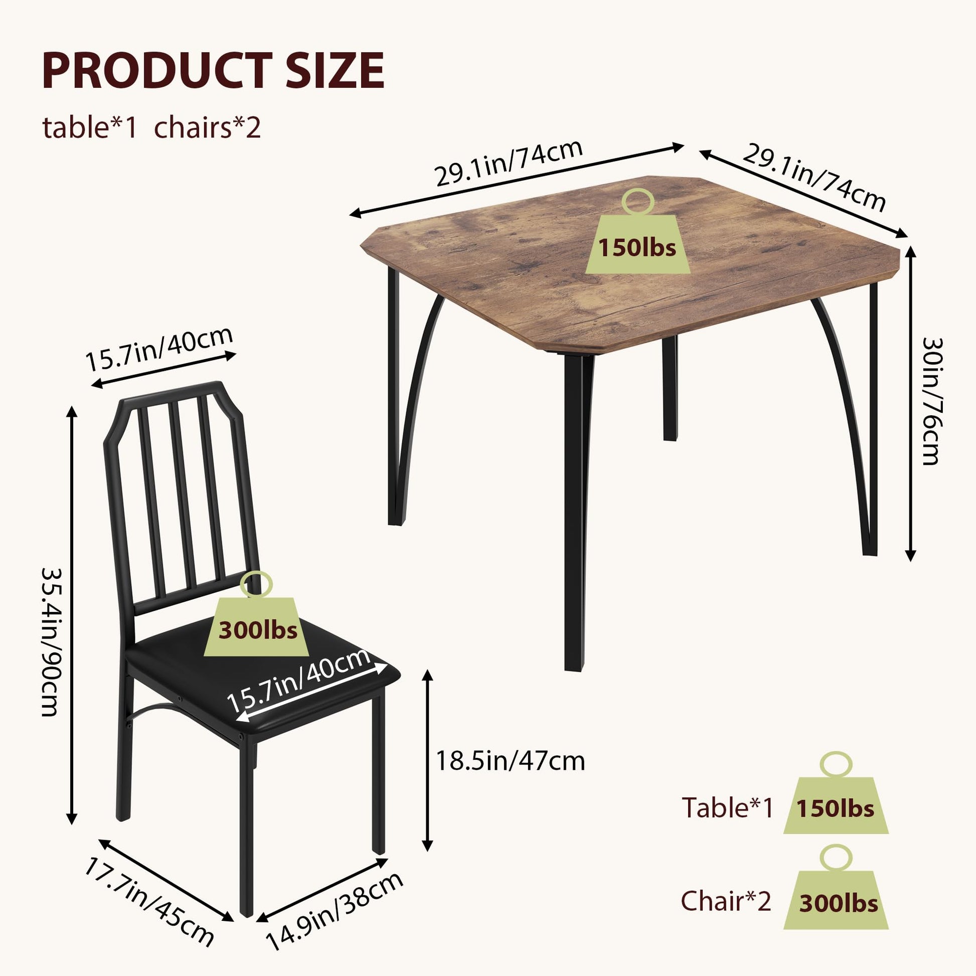 Set da pranzo Garvee per 2 persone con design smussato, sedie imbottite in PU, MDF e acciaio, compatto, ideale per piccoli spazi, 43,7x27,5x30,7 pollici, nero