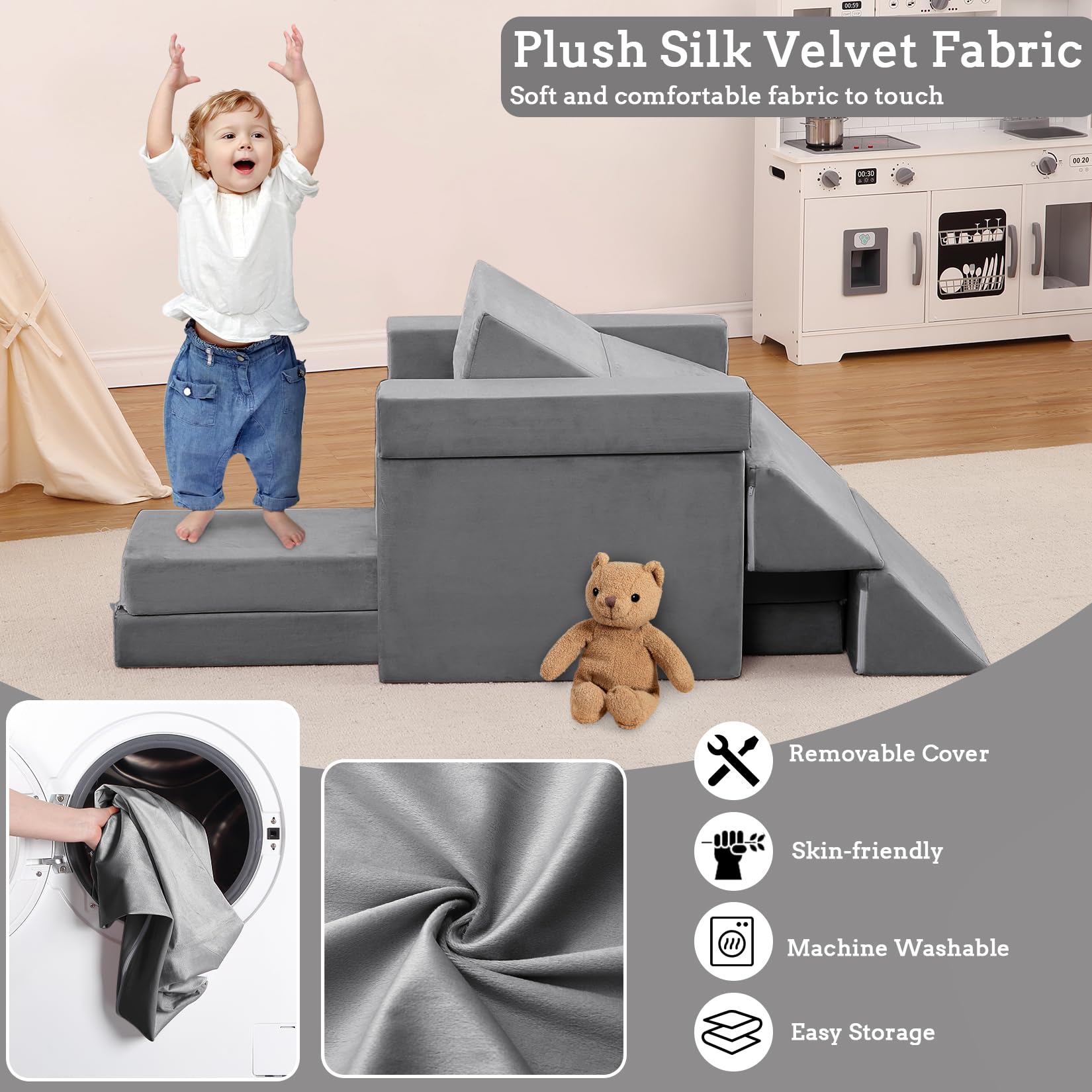 Divano modulare per bambini Garvee, set da 12 pezzi con piscina di palline per sala giochi, 47,2"x23,6"x11" grigio