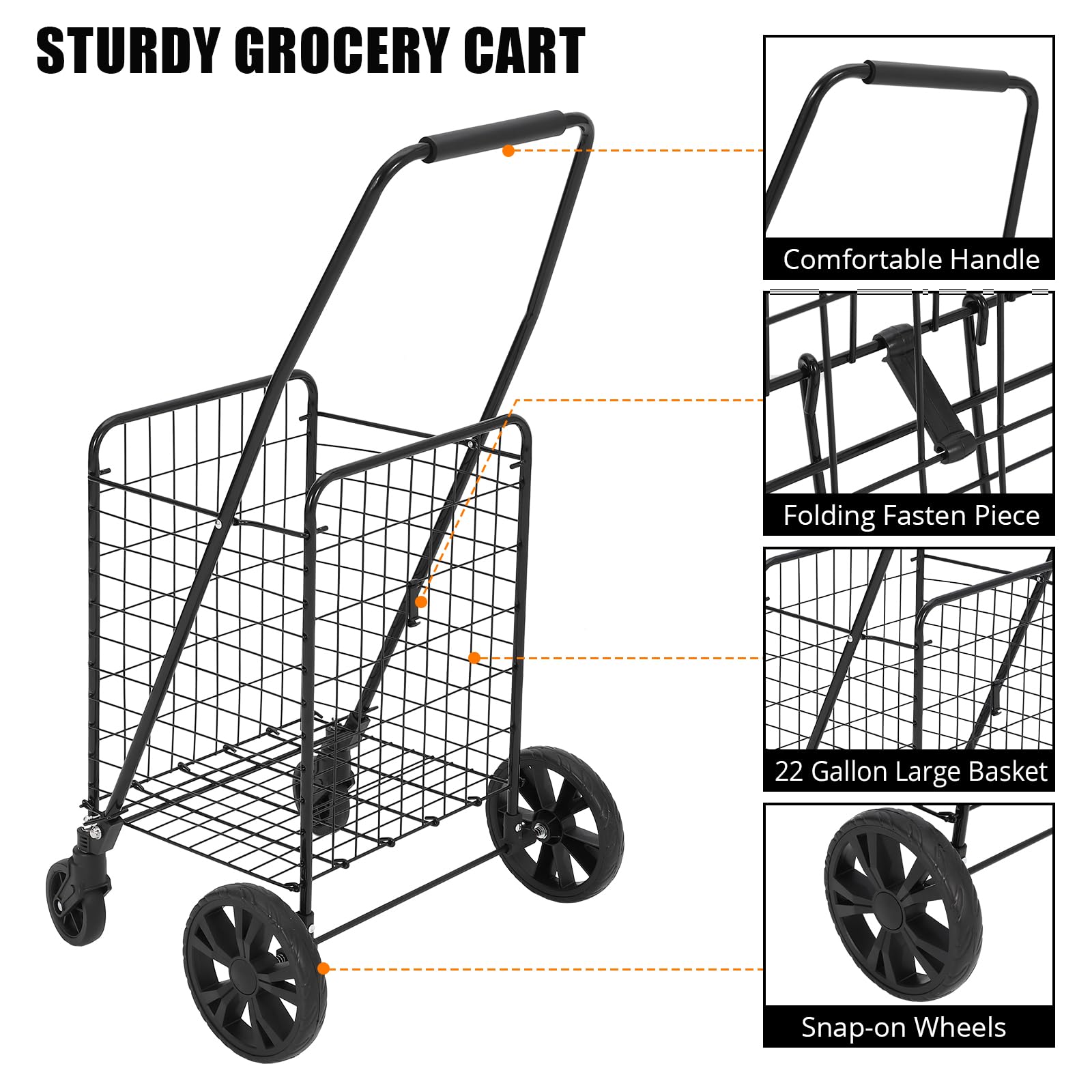 Carrello della spesa pieghevole Garvee, capacità 110 libbre, ruote girevoli a 360°, cestino da 22 galloni, acciaio legato, leggero, per la spesa e i picnic, pieghevole, grigio