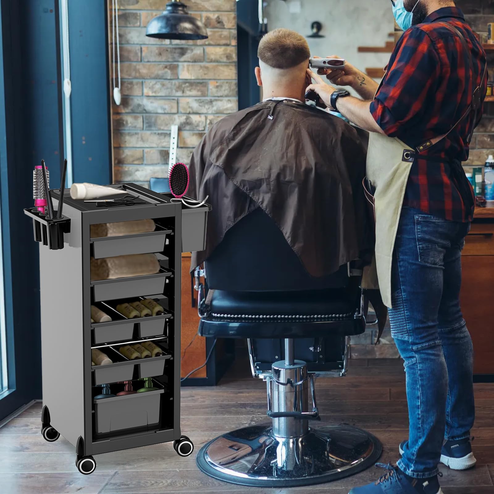 Carrello per salone con 6 cassetti – Carrello con ruote e porta asciugacapelli per salone e studio, nero