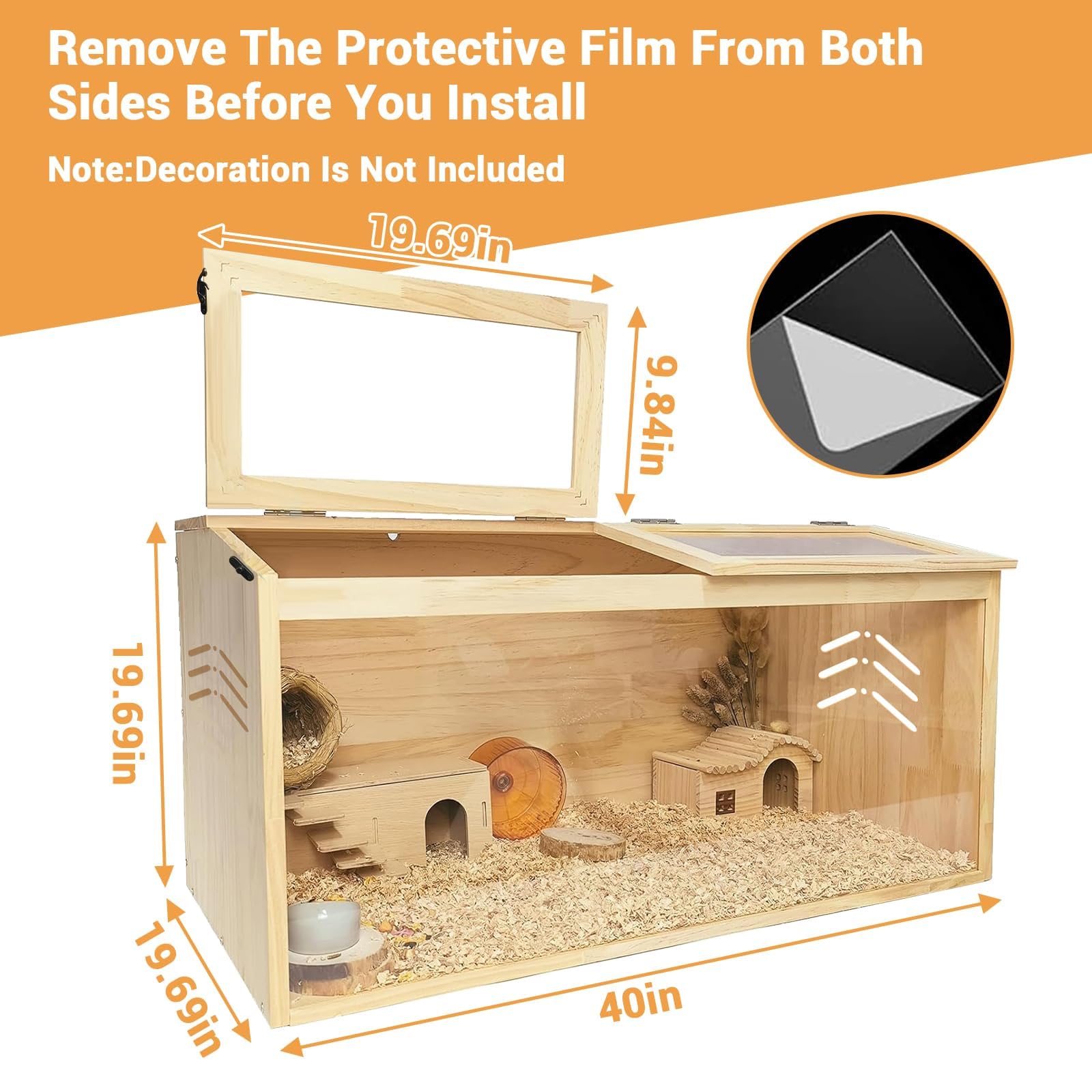 Gabbia per criceti in legno Garvee con finestra in acrilico per piccoli animali, grande 40"x20"x20" in legno di pino naturale