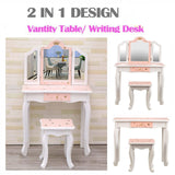 Tocador Bambina in Legno 2 in 1 con Specchio Triplo Pieghevole e Sgabello Rosa per Camera da Letto Bambina