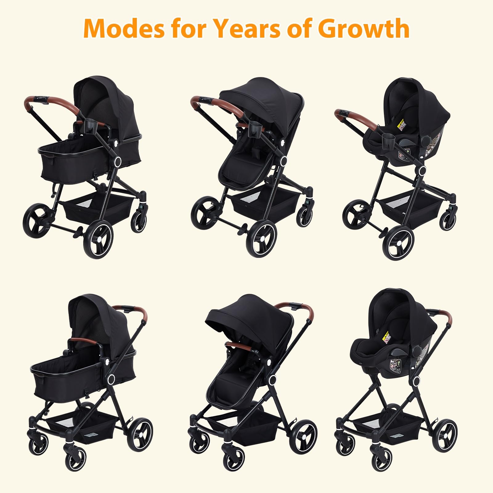 Garvee 3 in 1 Passeggino Set completo Nero con navicella, seggiolino per passeggino e seggiolino auto per bambini fino a 26 kg regolabile