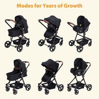 Garvee 3 in 1 Passeggino Set completo Nero con navicella, seggiolino per passeggino e seggiolino auto per bambini fino a 26 kg regolabile