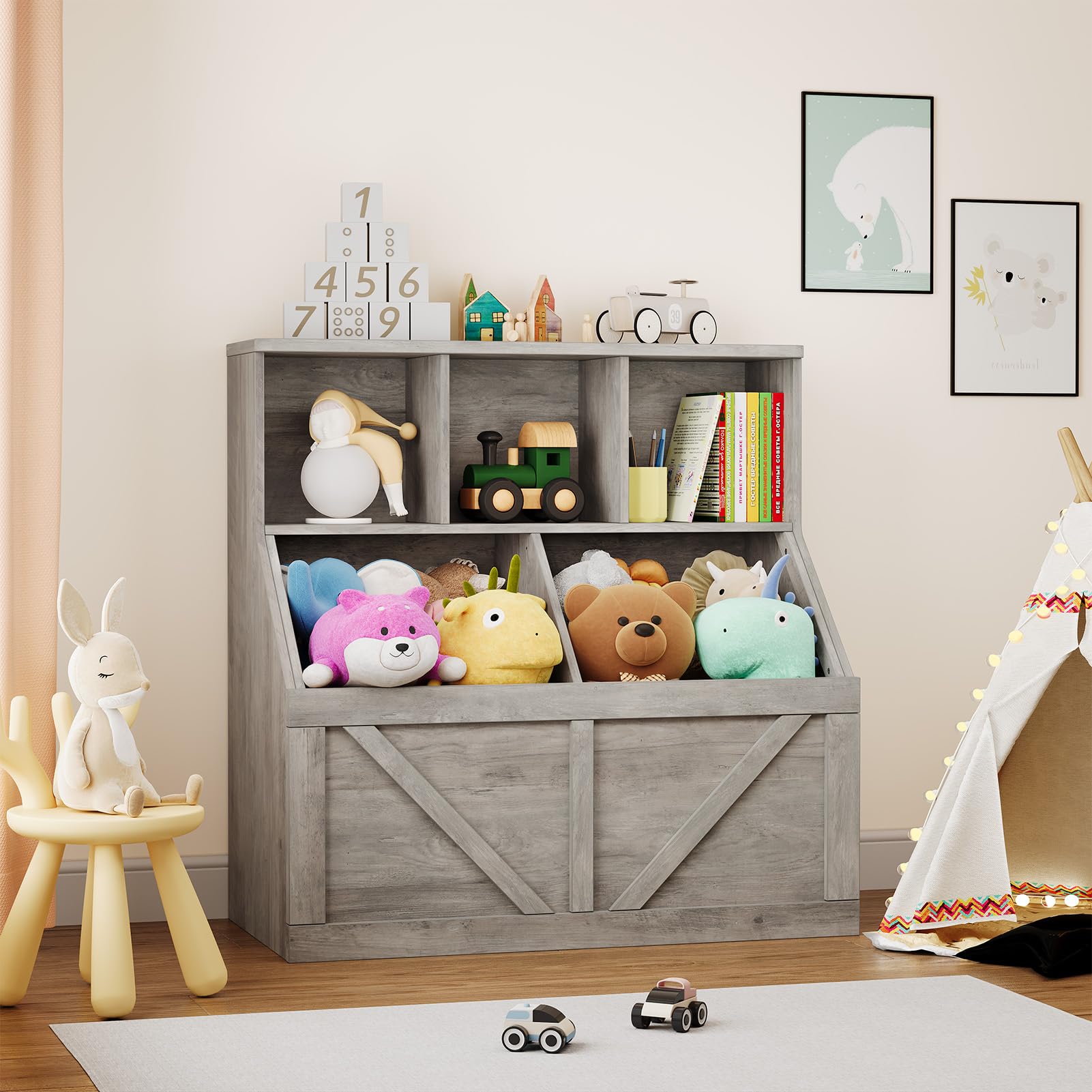 Libreria per bambini e contenitore per giocattoli Garvee, multifunzionale con protezione antiribaltamento per sale giochi e camerette, 35,4'' grigio