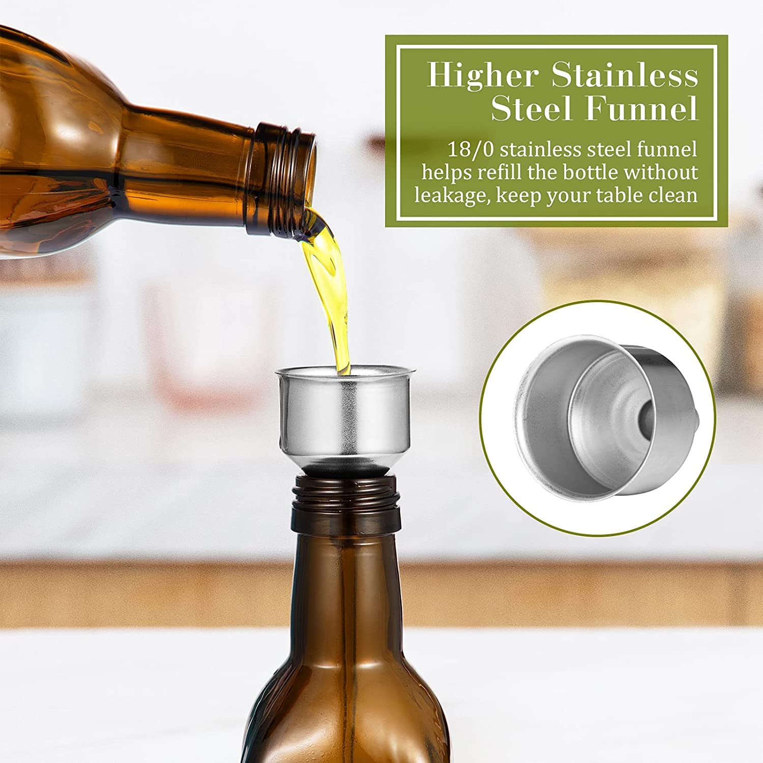 Dispenser per olio d'oliva Garvee da 17 once in vetro ambrato con versatore e imbuto in acciaio inossidabile per cucina e cottura, ermetico, antigoccia, salvaspazio