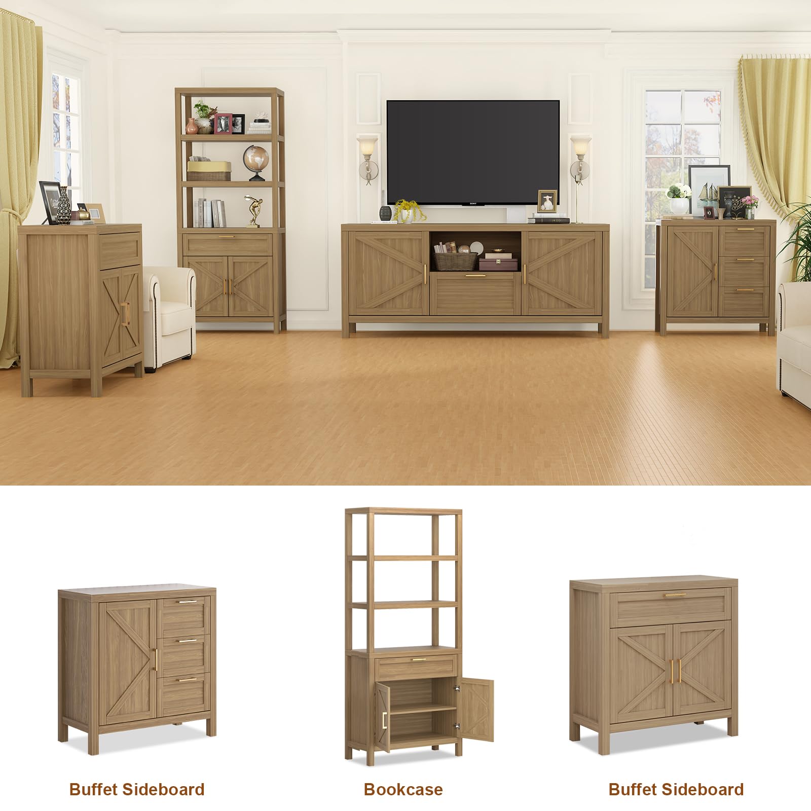 Credenza Garvee Buffet con spazio di archiviazione, ripiani regolabili, MDF e legno massello, soggiorno e cucina, stile country moderno, colore oro