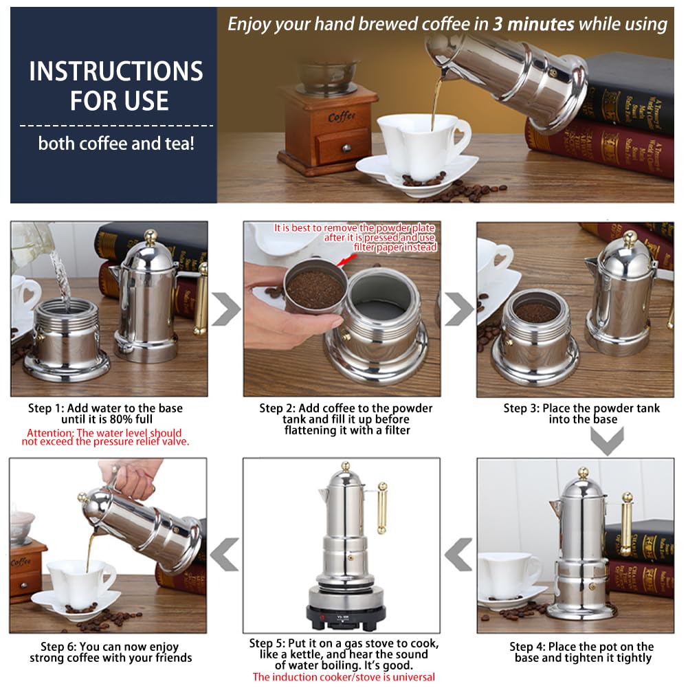 Garvee Induction Espresso Maker in acciaio inox - 4 tazze, per piani cottura a induzione, perfetta per gli amanti del caffè