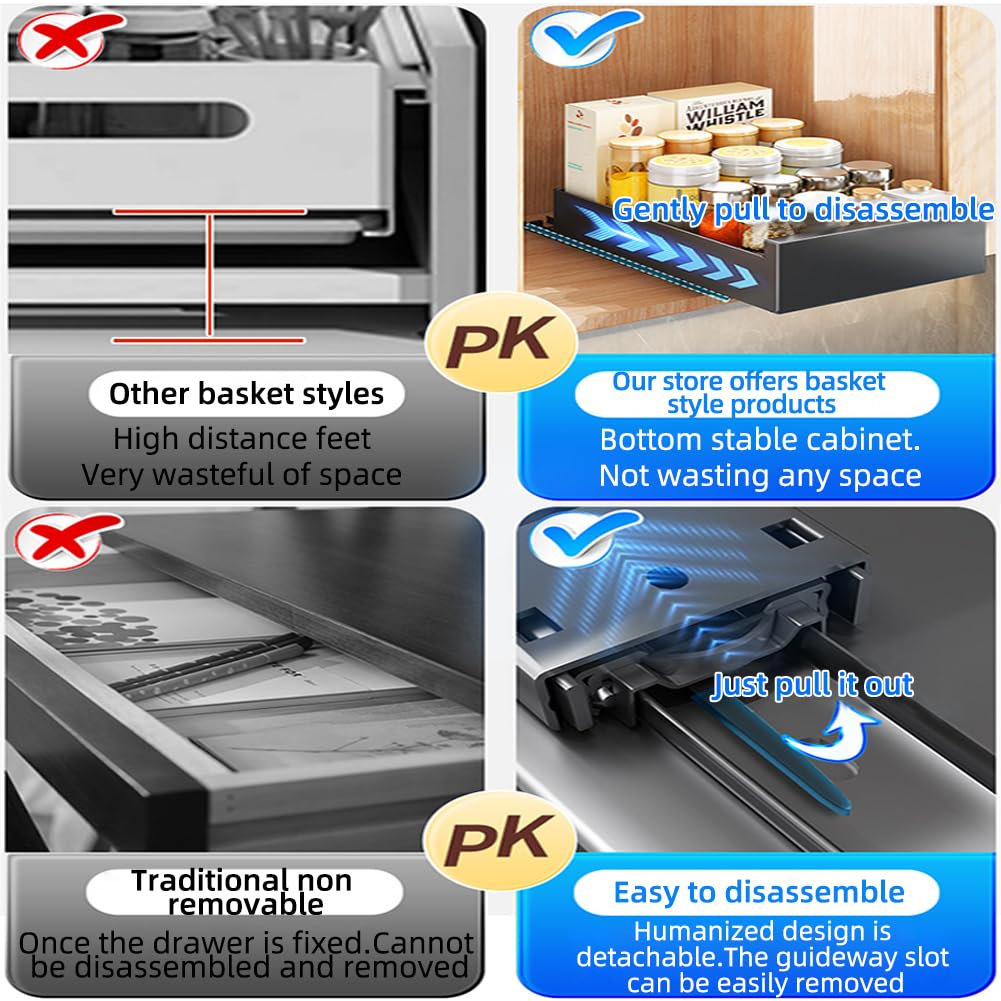 Organizzatore estensibile per mobili da cucina Garvee in acciaio al carbonio, largo 25 cm, per cucina e bagno, silenzioso, autoadesivo, capacità di carico di 55 libbre