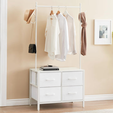 Appendiabiti Garvee con 4 cassetti, struttura in metallo e piano in legno, con camera da letto e corridoio, bianco, robusto e versatile