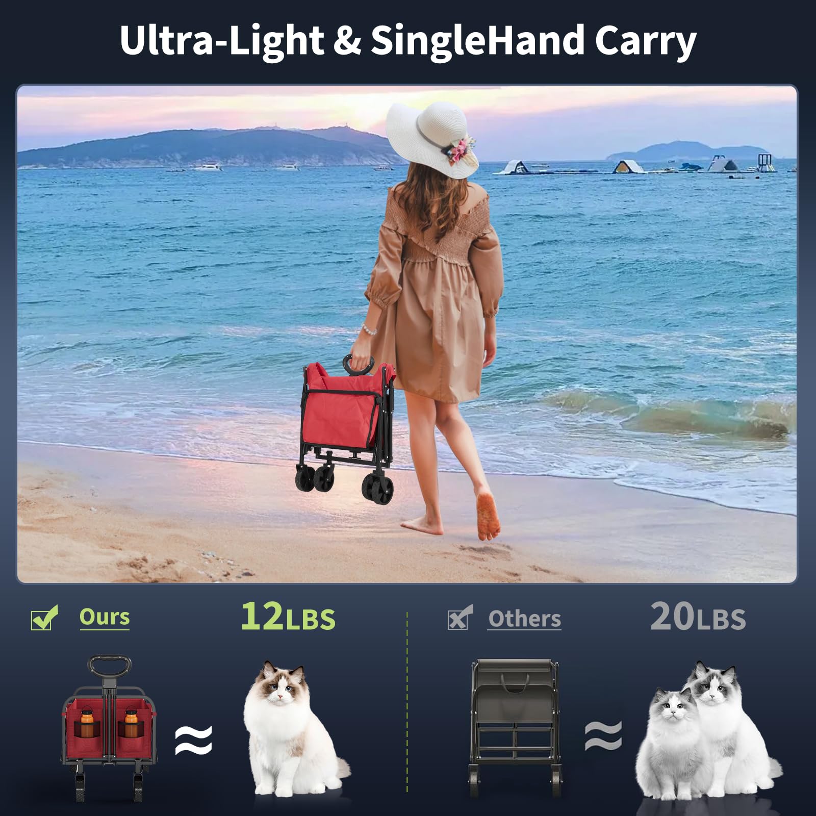 Carrello multiuso pieghevole Garvee con ruote adatte a tutti i terreni, maniglia regolabile, tessuto Oxford 600D, capacità di carico di 380 libbre, portabevande, nero per campeggio e giardino