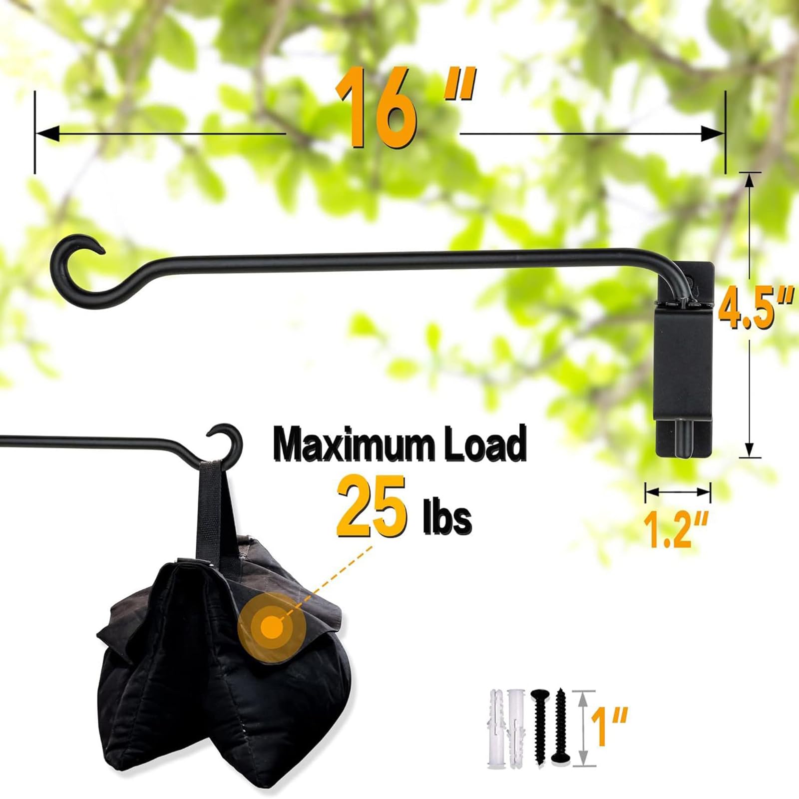 Garvee Set di 2 ganci girevoli per piante da parete, in ferro resistente, girevoli, antiruggine per giardino e balcone, 12-16 pollici, nero