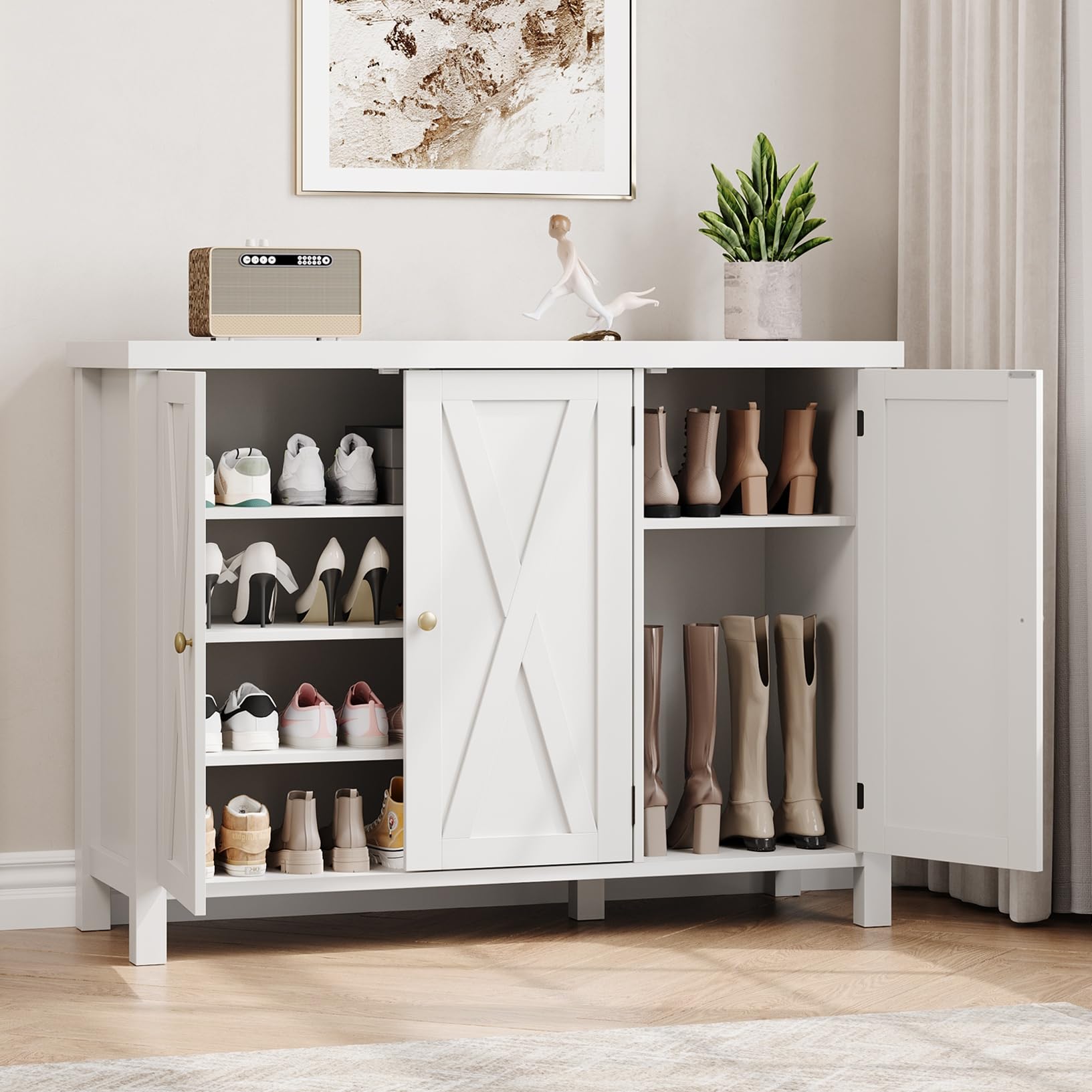 Scarpiera Garvee con ante, stile rustico, 4 ripiani, grande, bianca, MDF, robusta, antiribaltamento, sicura, per corridoio e soggiorno