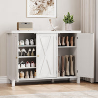 Scarpiera Garvee con ante, stile rustico, 4 ripiani, grande, bianca, MDF, robusta, antiribaltamento, sicura, per corridoio e soggiorno