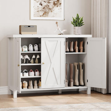 Scarpiera Garvee con ante, stile rustico, 4 ripiani, grande, bianca, MDF, robusta, antiribaltamento, sicura, per corridoio e soggiorno