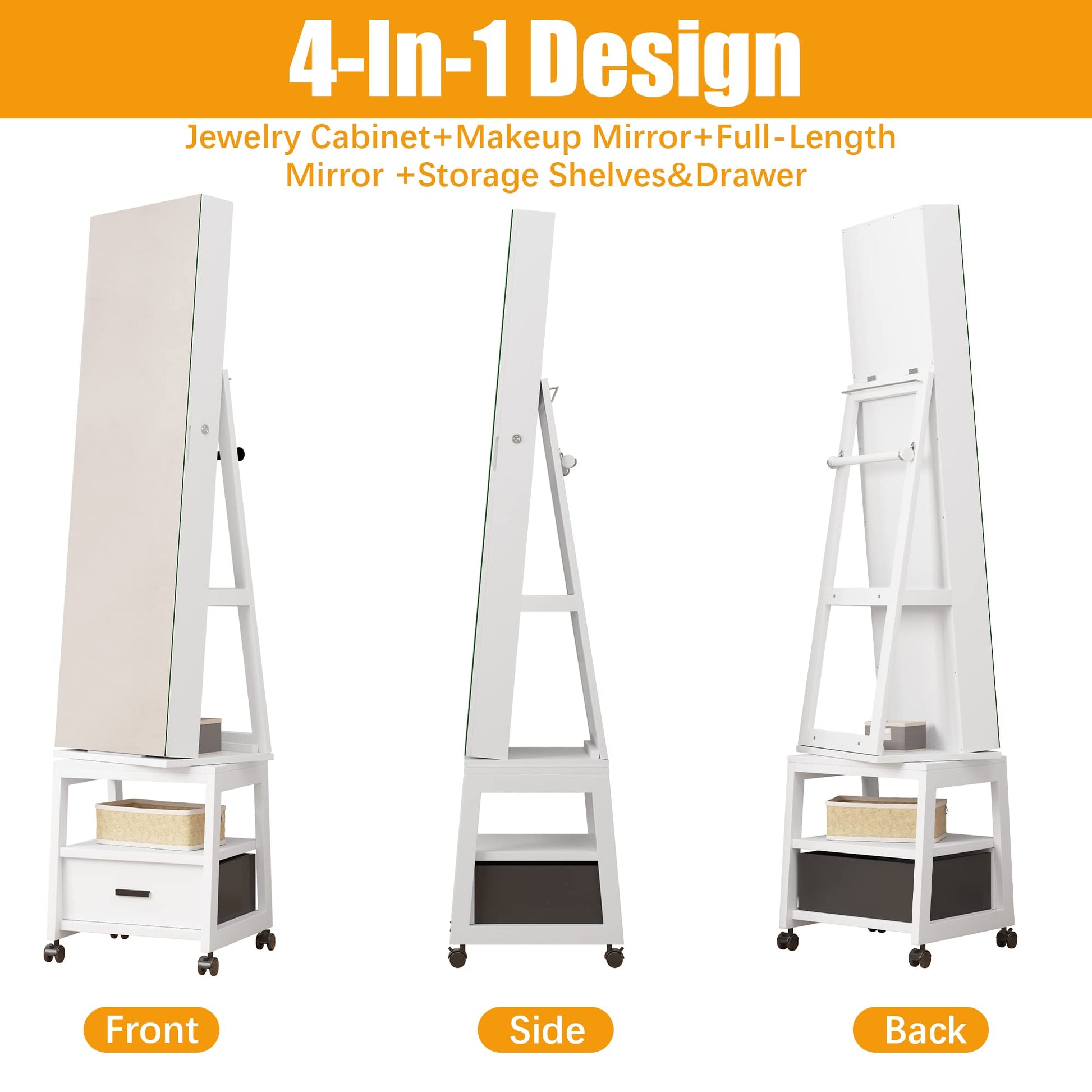 Mobiletto portagioie Garvee, specchio per il trucco con rotazione a 360°, in legno, bloccabile, con rotelle, grande capacità, bianco, soggiorno, camera da letto